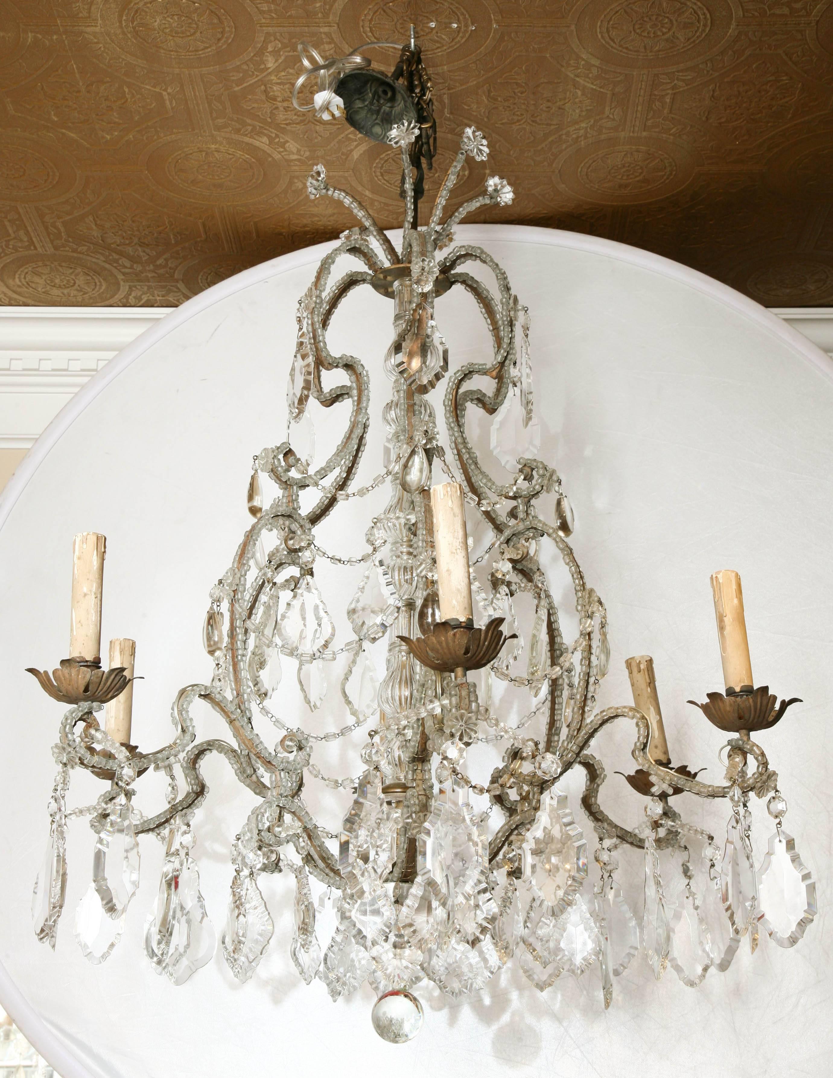Italian Crystal Beaded Six-Light Chandelier, Early 20th Century  In Excellent Condition For Sale In West Palm Beach, FL