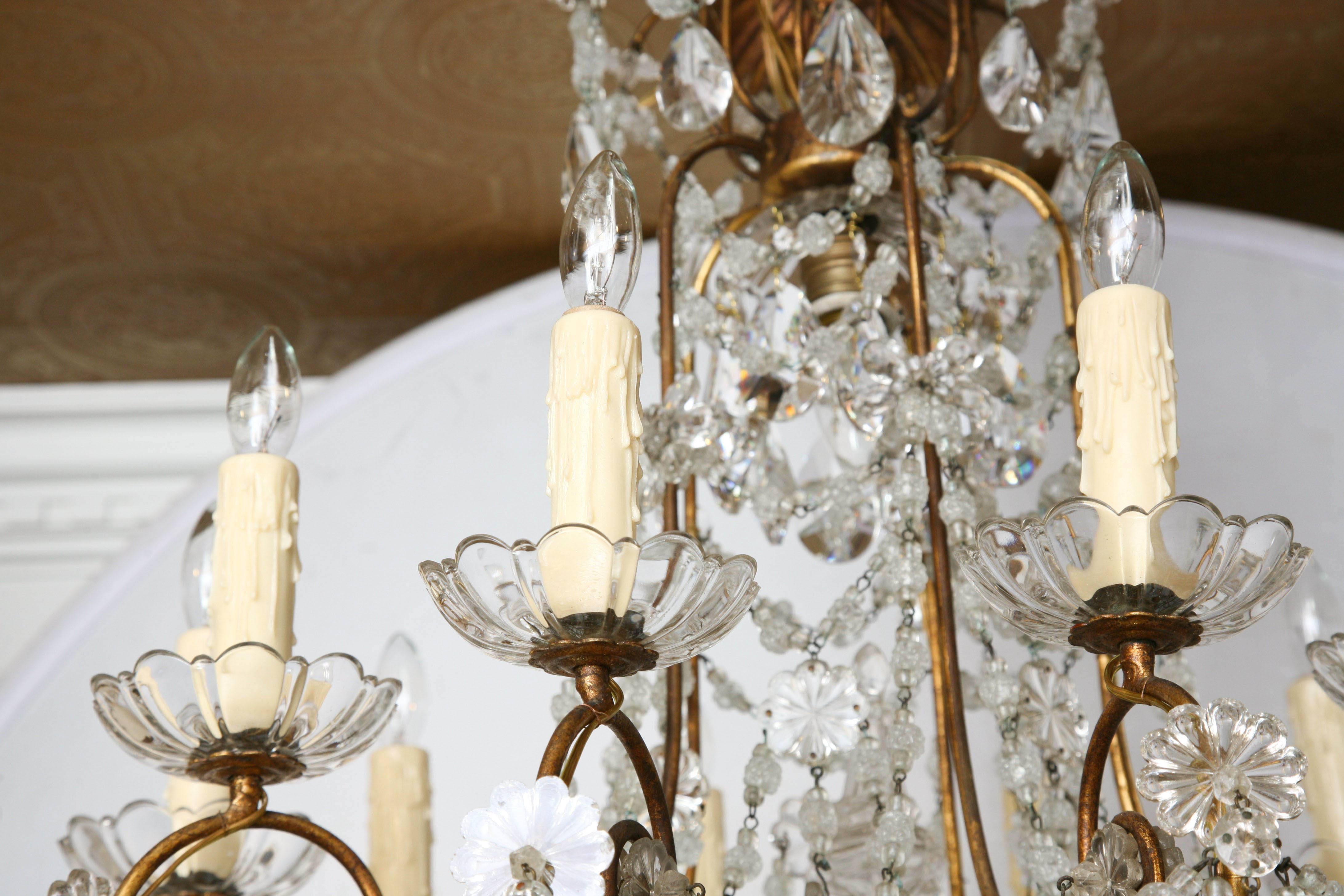 Faceted Unusual Ten-Light Gilded Iron Italian Chandelier, Early 20th Century For Sale