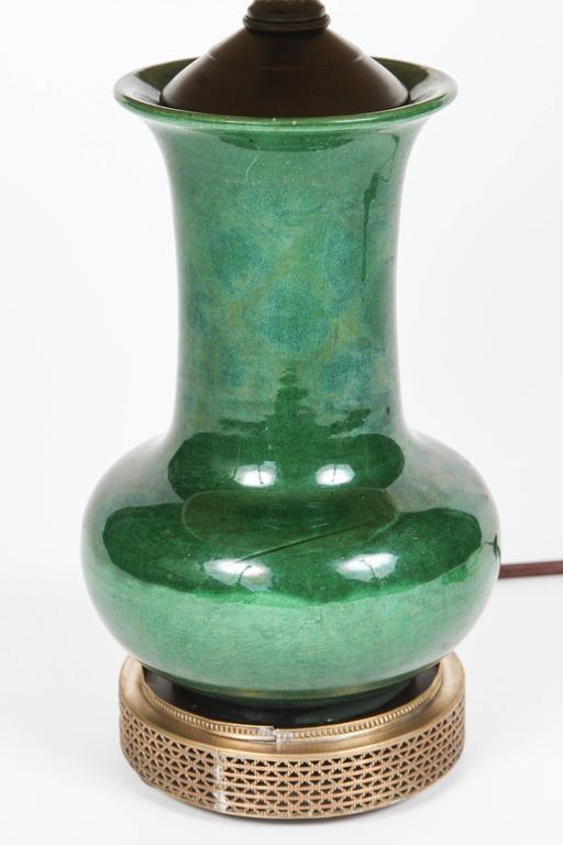 Vintage Green Pottery Table Lamp with Brass Base at 1stDibs