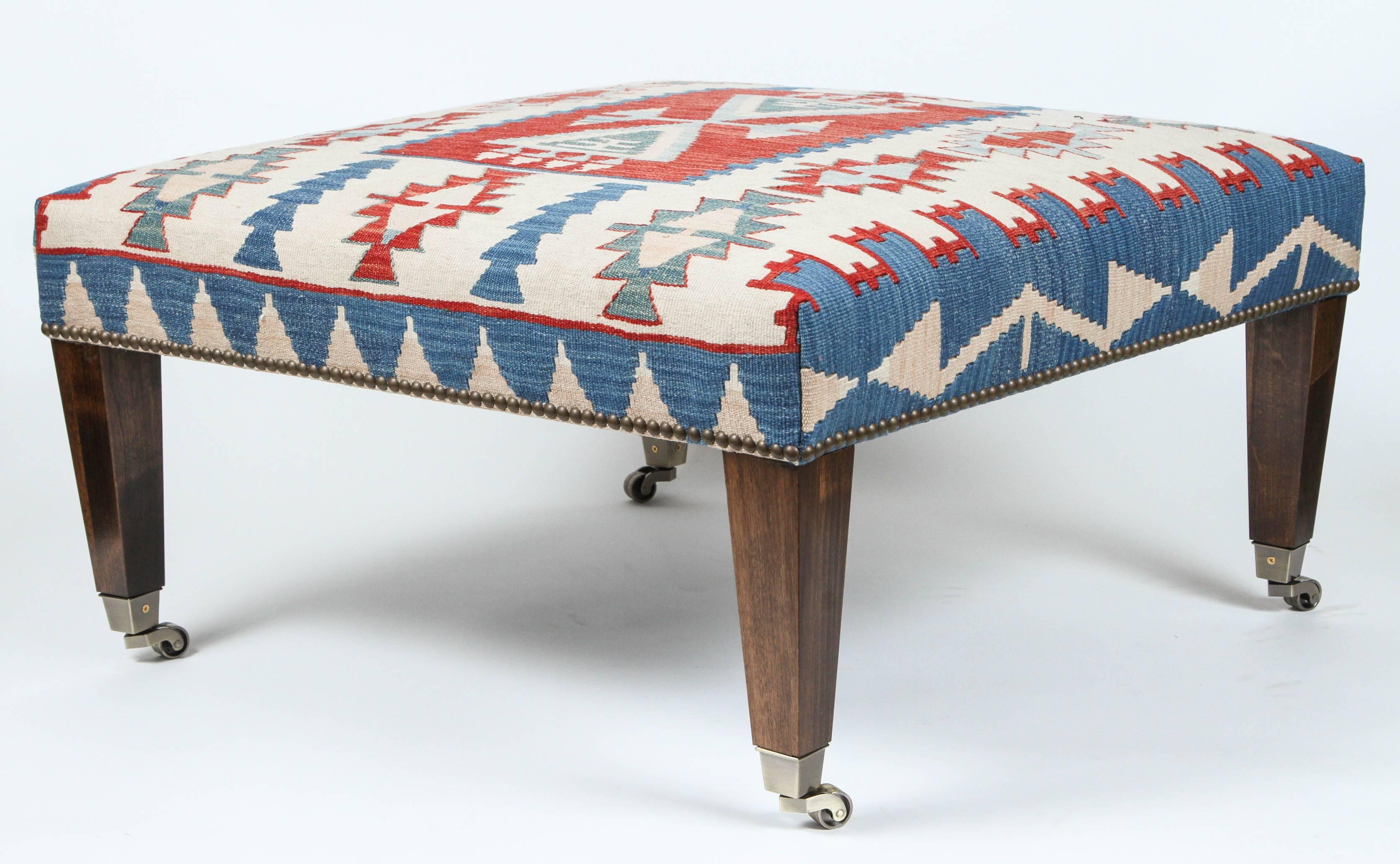 Vintage Kilim Rug Ottoman with Walnut Legs 2