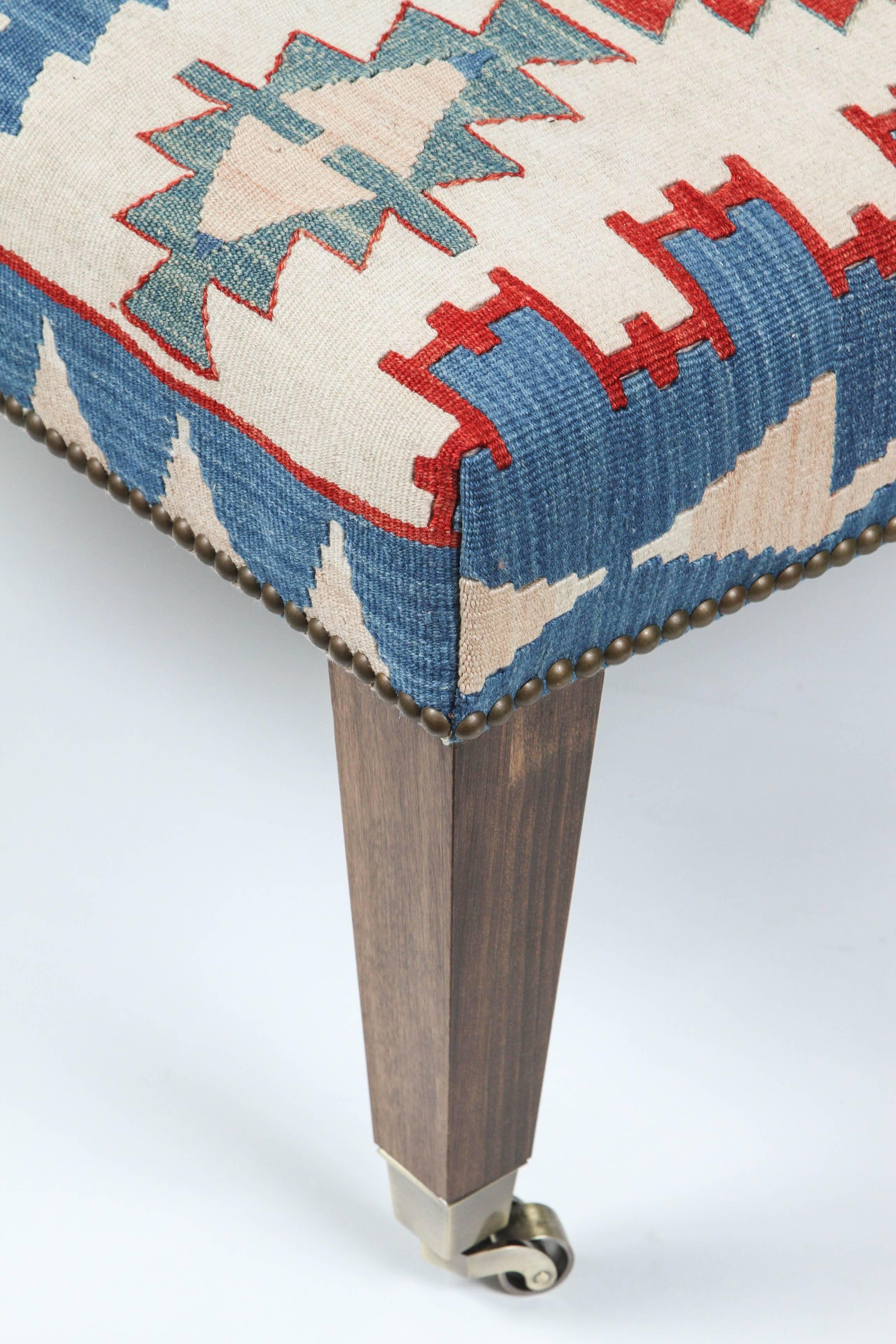 Vintage Kilim Rug Ottoman with Walnut Legs 4