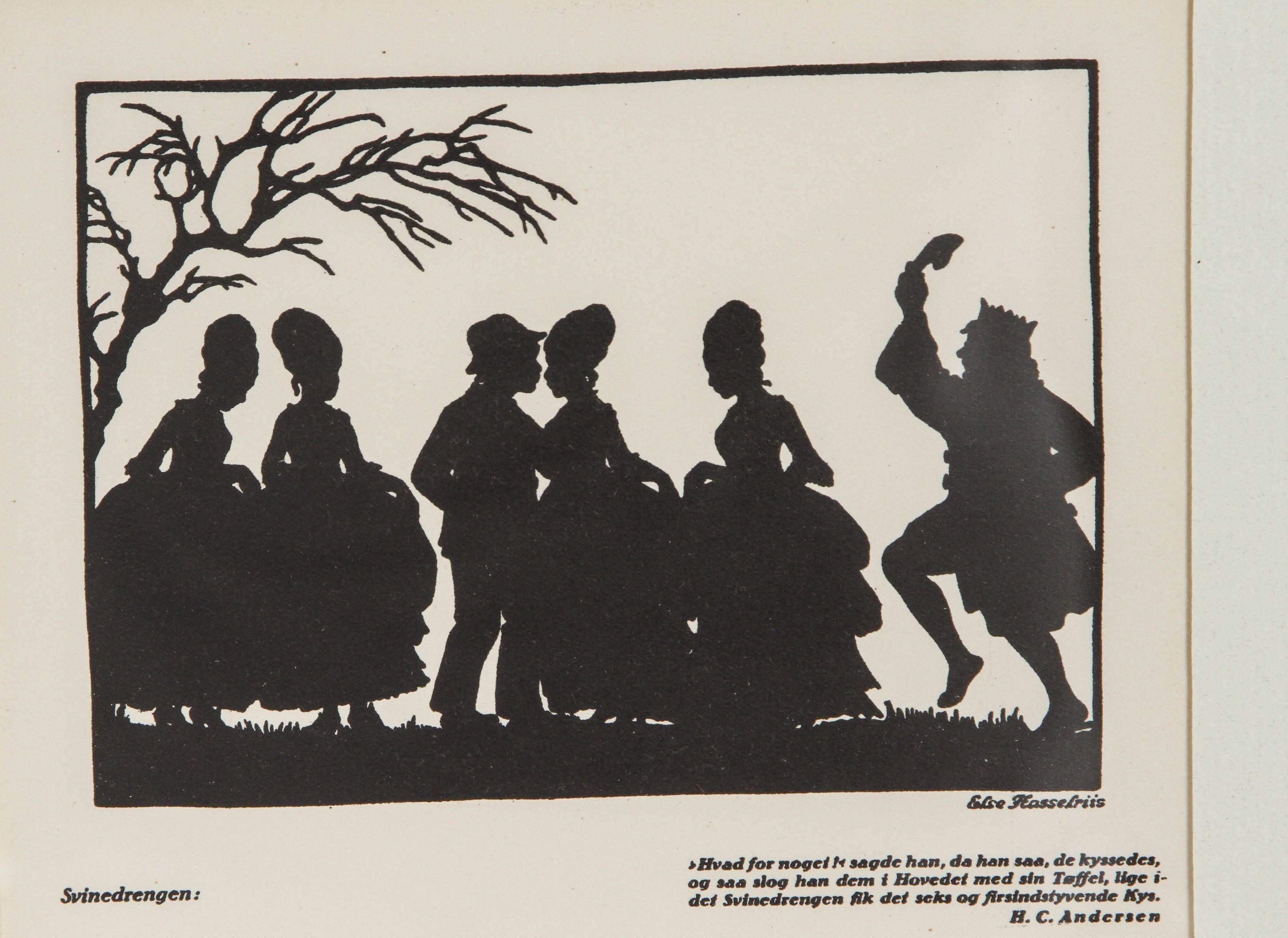 Newly matted and framed vintage silhouettes prints depicting images of Hans Christian Andersen fairy tales with Danish text, illustrated by Else Hasselriis.

Fairy tales depicted:
Swineherd.
The Naughty Boy.
Little Clause and Big Claus.
The