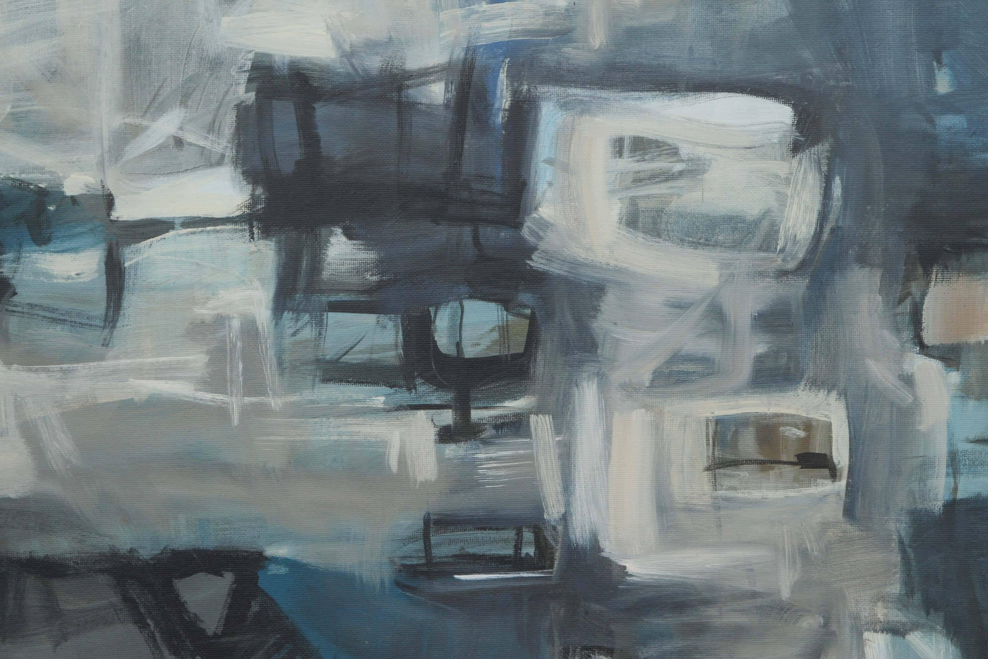 A large oil on board abstract painting by English artist Malcolm Chandler. Deep blues and greys are the primary color tones.