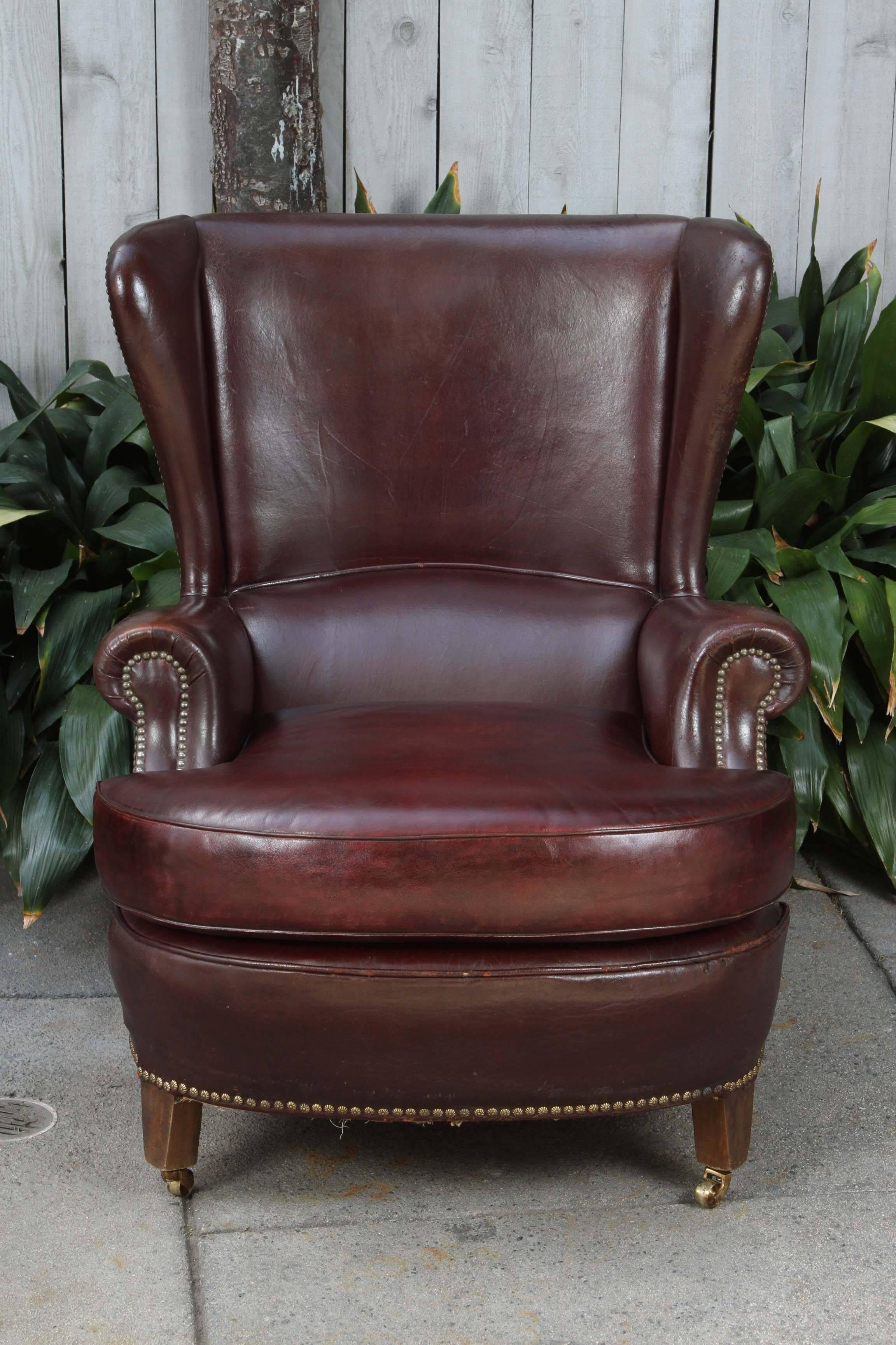 19th Century Leather Wingback Chair