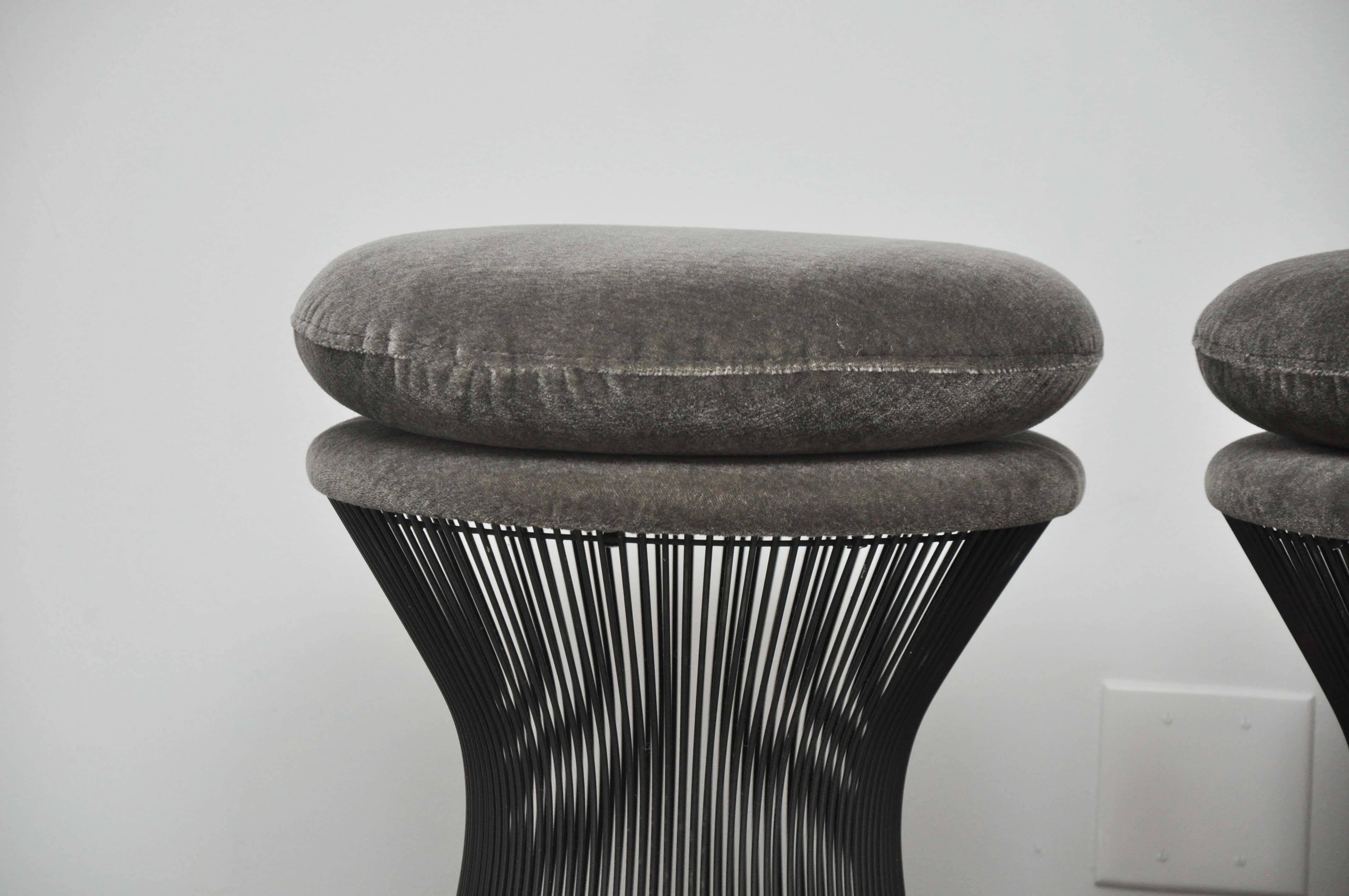 Pair of bronze frame stools by Warren Platner for Knoll, circa 1970. New mohair cushions.