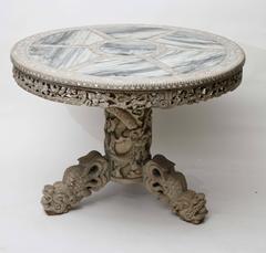 Finely Carved Chinese Center Table with Mother-of-Pearl Inlays and Marble Top