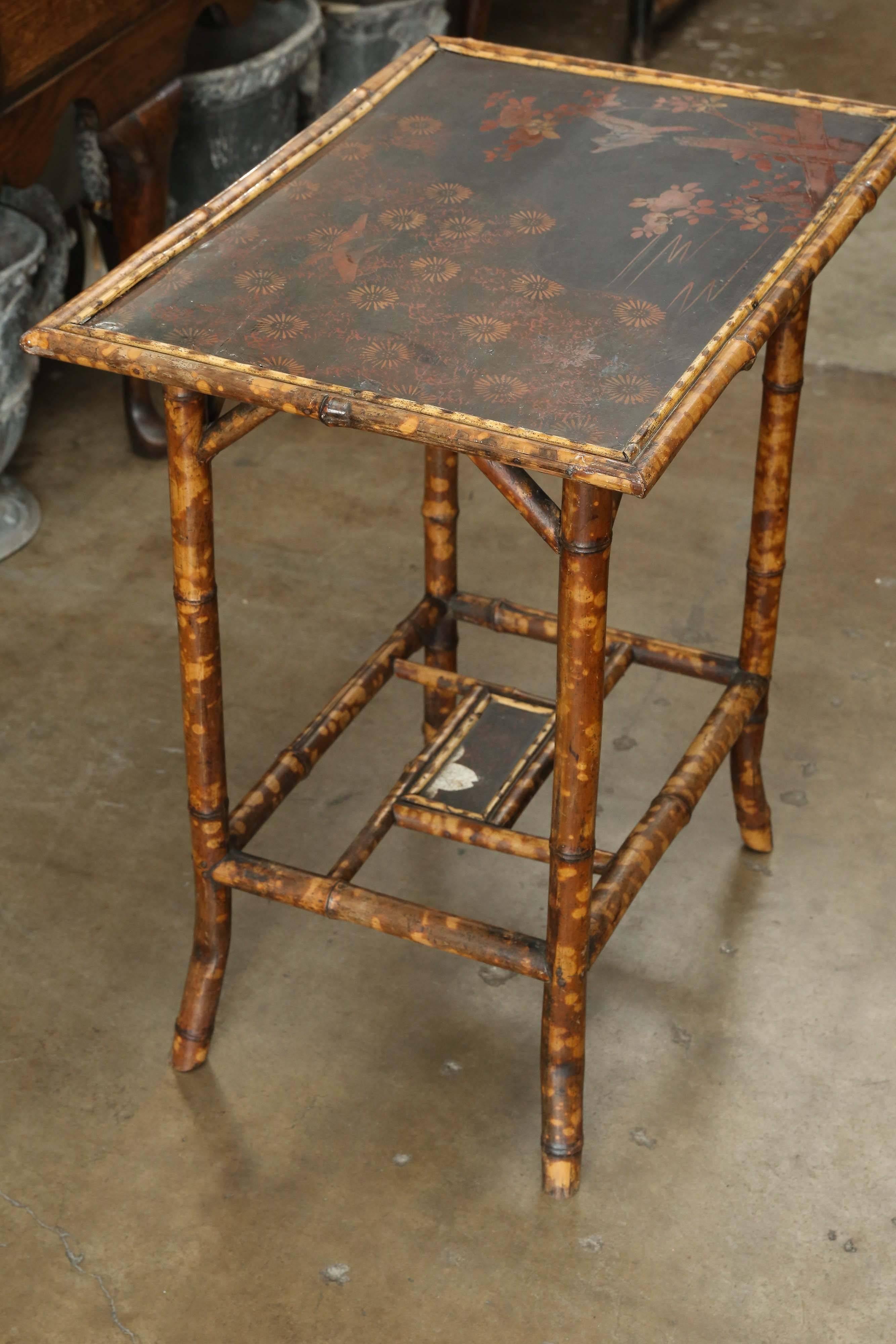 19th Century Scorched Bamboo Side Table with Chinoiserie Detail on Top 2
