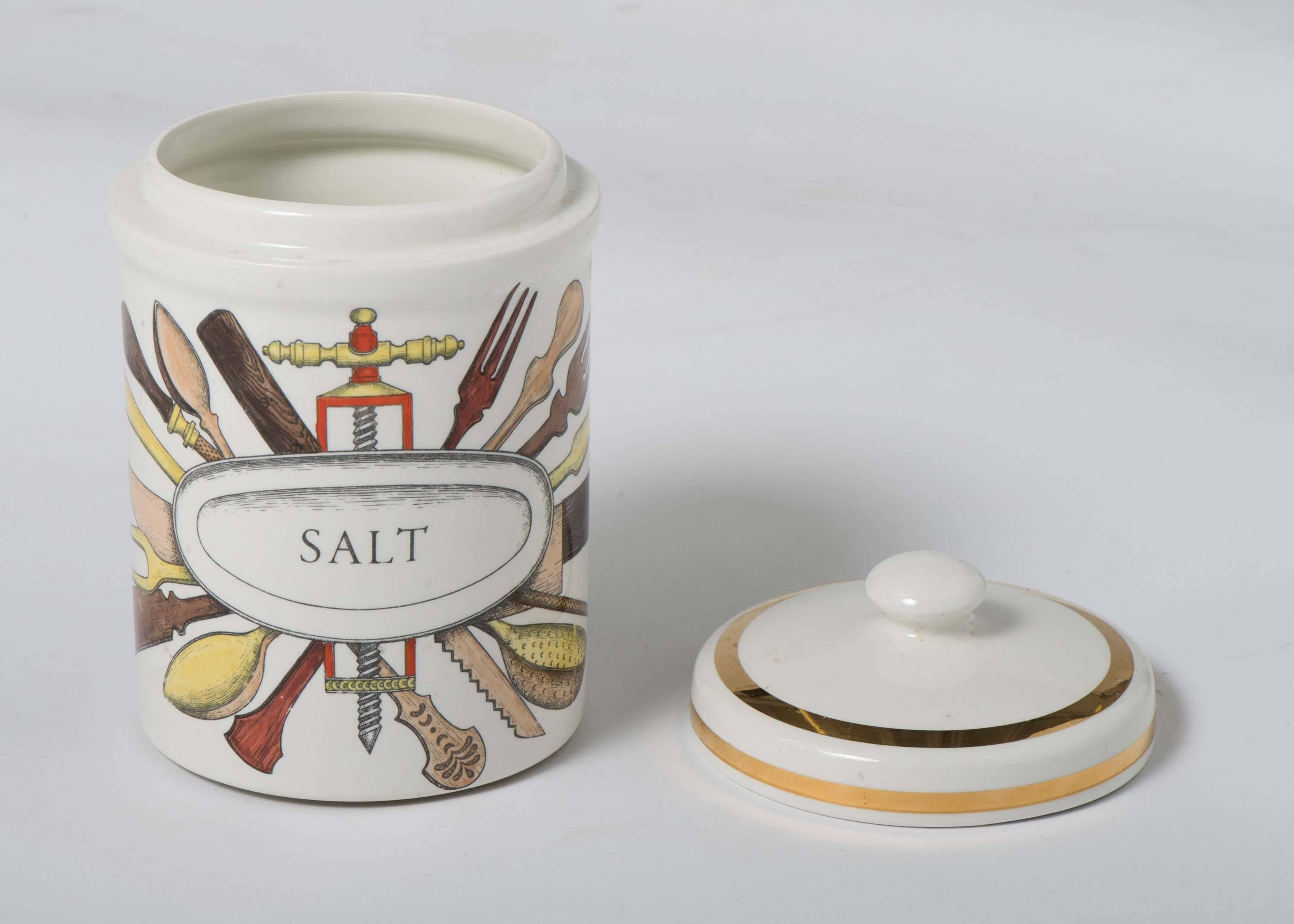 An early porcelain jar by Piero Fornasetti,
“salt.”
Lithographically printed and hand-painted.
Mark to base.
Italy, circa 1960.
Measures: 17.5 cm high x 12 cm diameter.