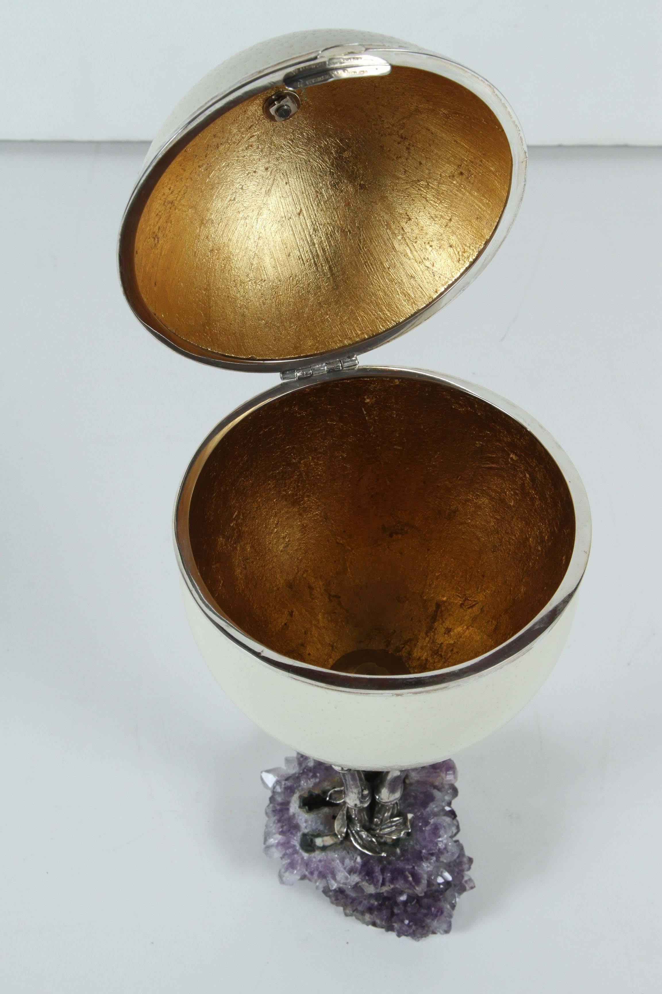 Italian Unique, Ostrich Egg Container on Amethyst Base For Sale