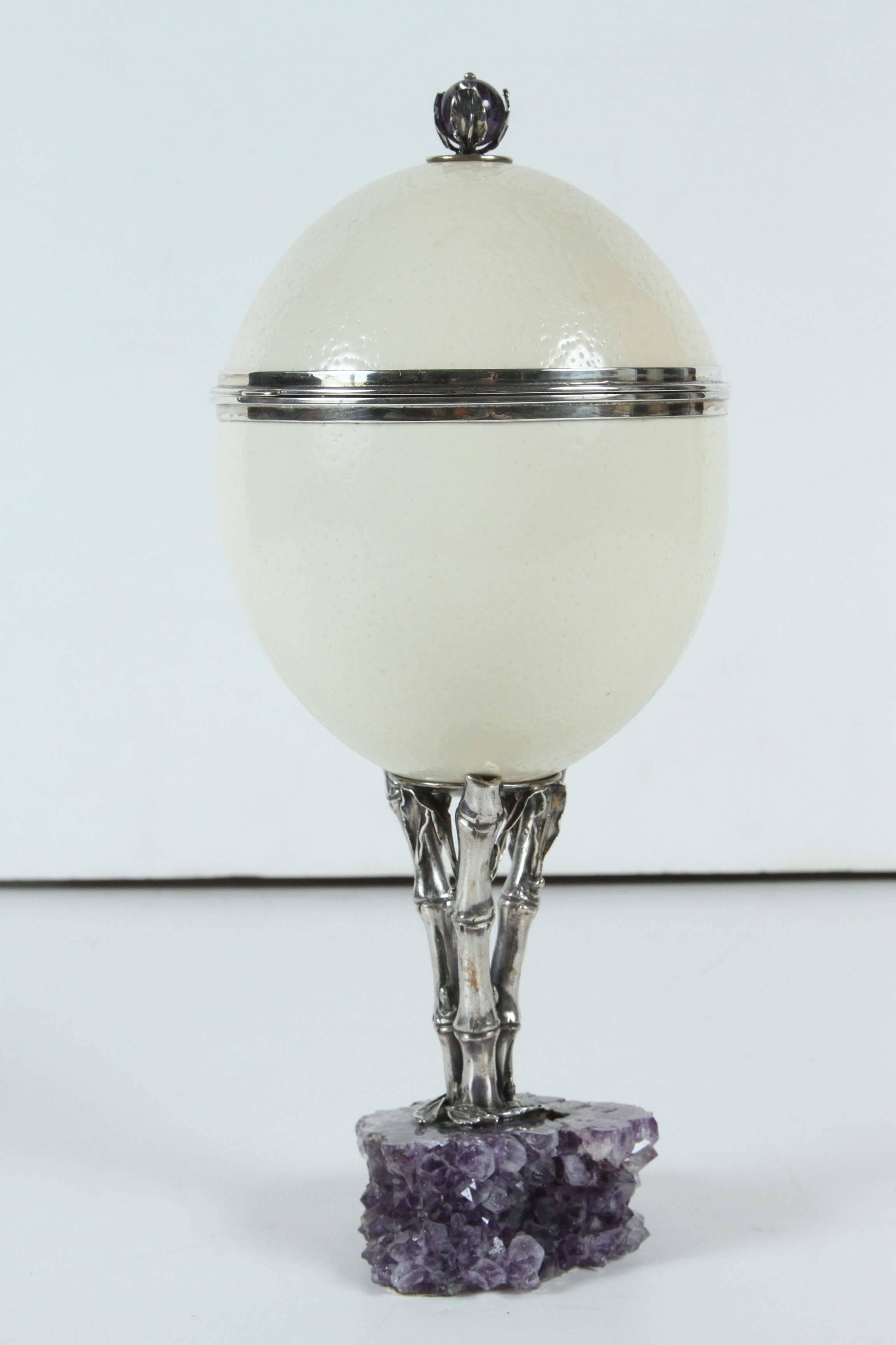 Contemporary Unique, Ostrich Egg Container on Amethyst Base For Sale