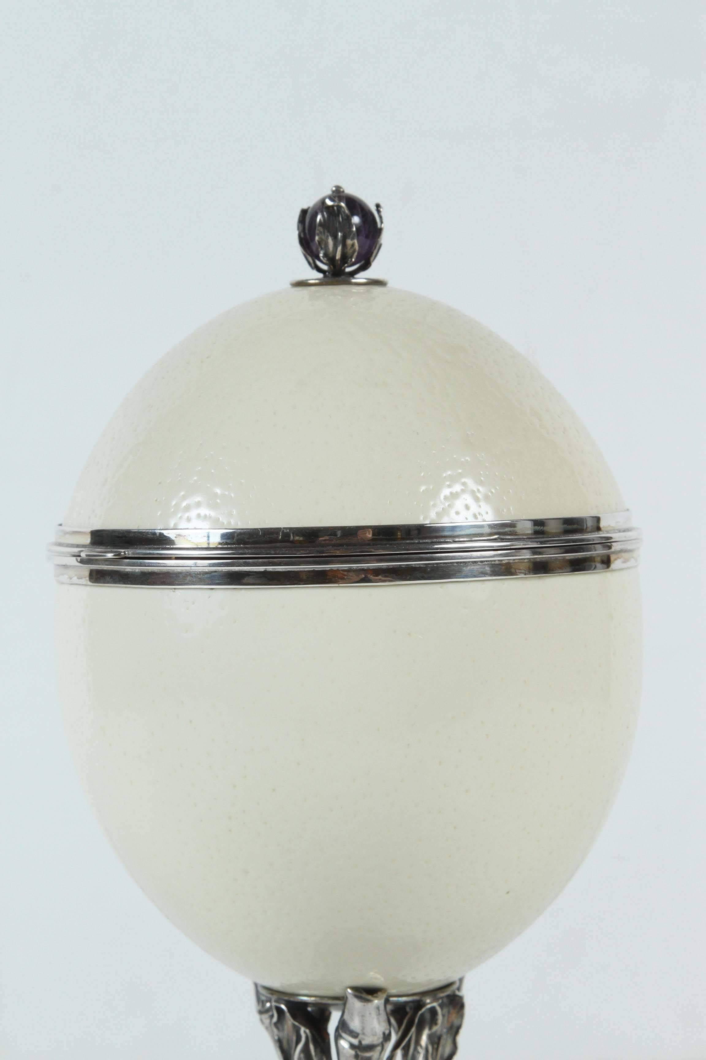 Unique, Ostrich Egg Container on Amethyst Base For Sale 1
