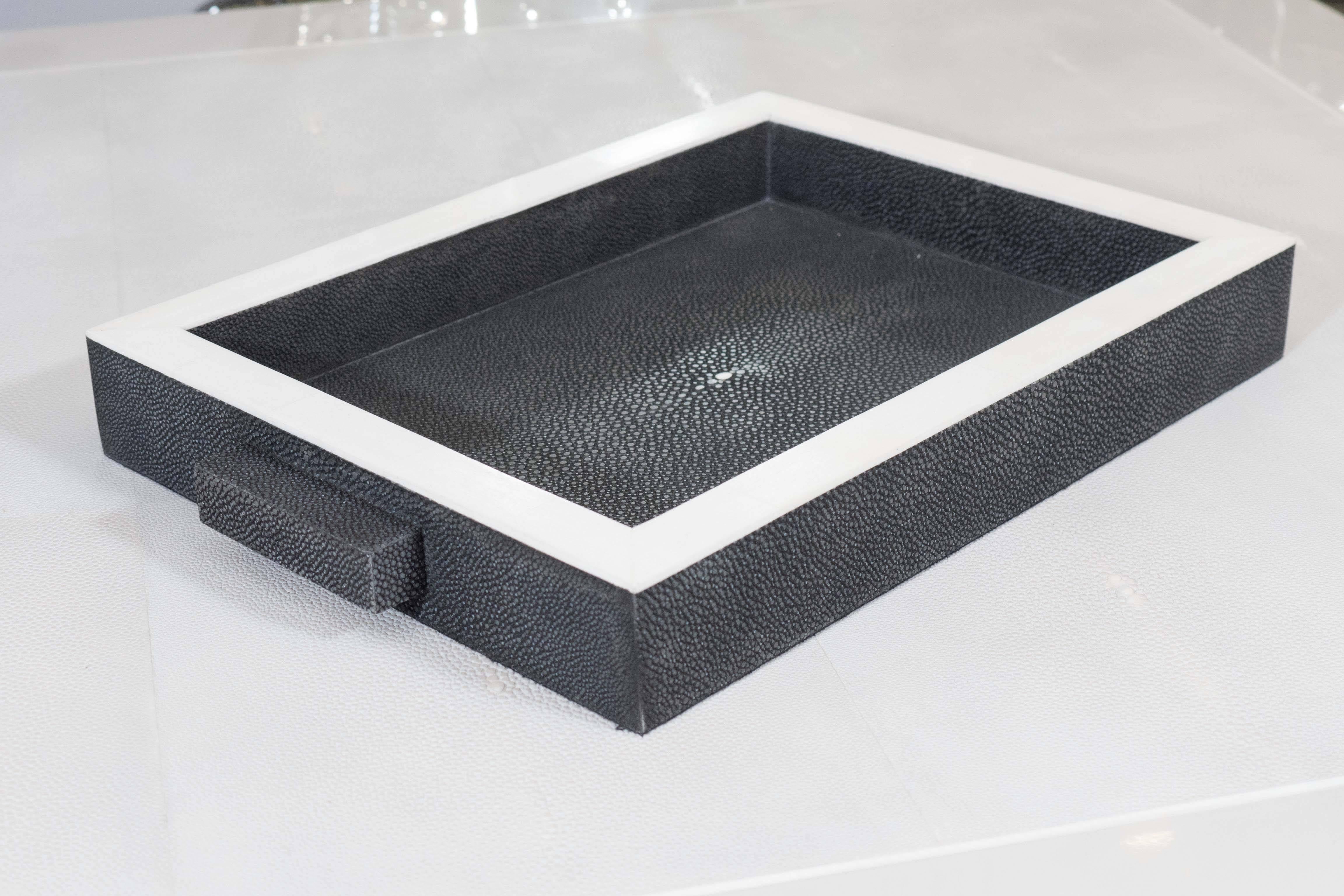 Modern Onyx Shagreen Tray with Bone Trim