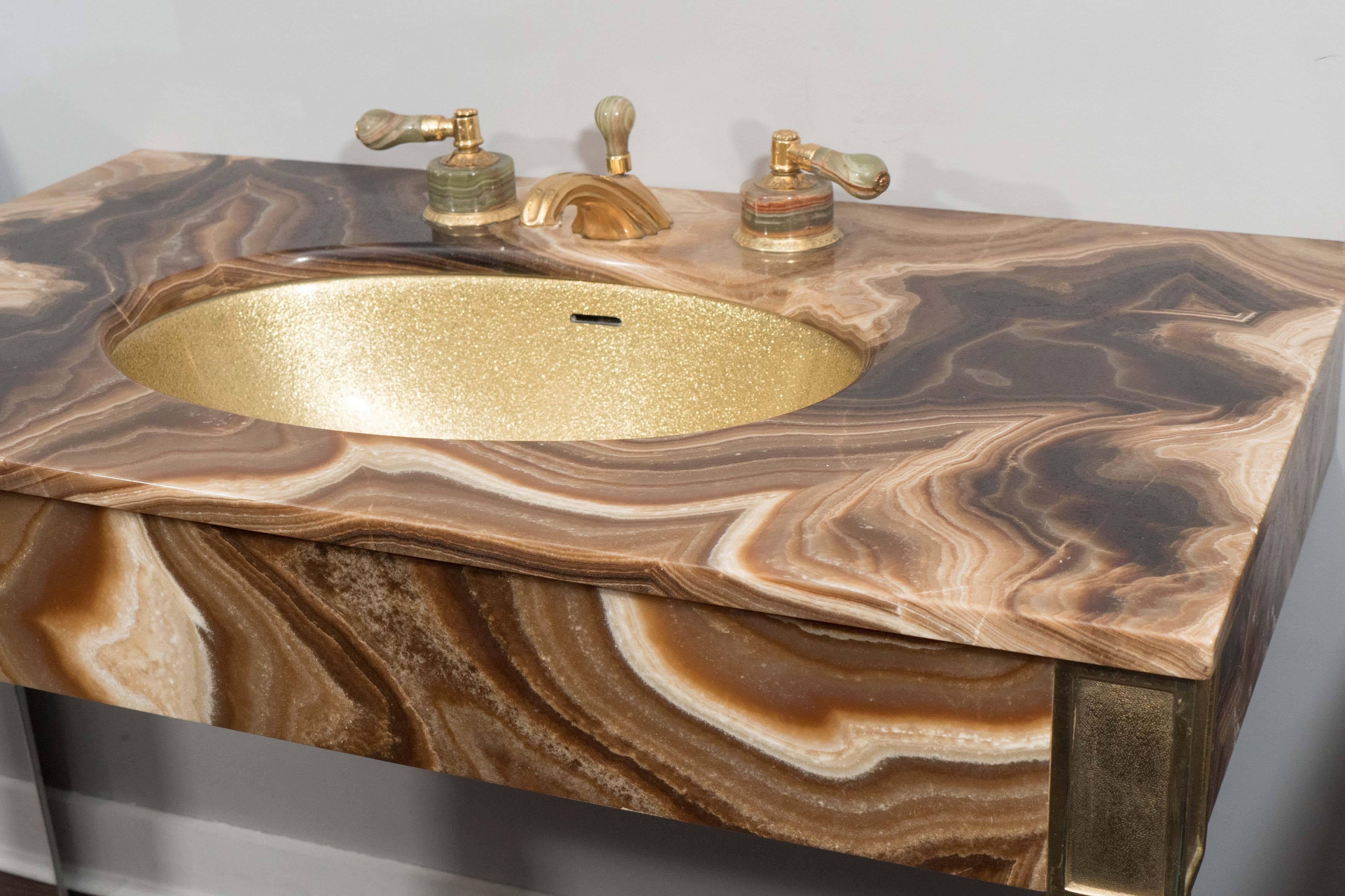 Late 20th Century Sienna Marble Vintage Bathroom Vanity with Gold Glitter Sink by Sherle Wagner