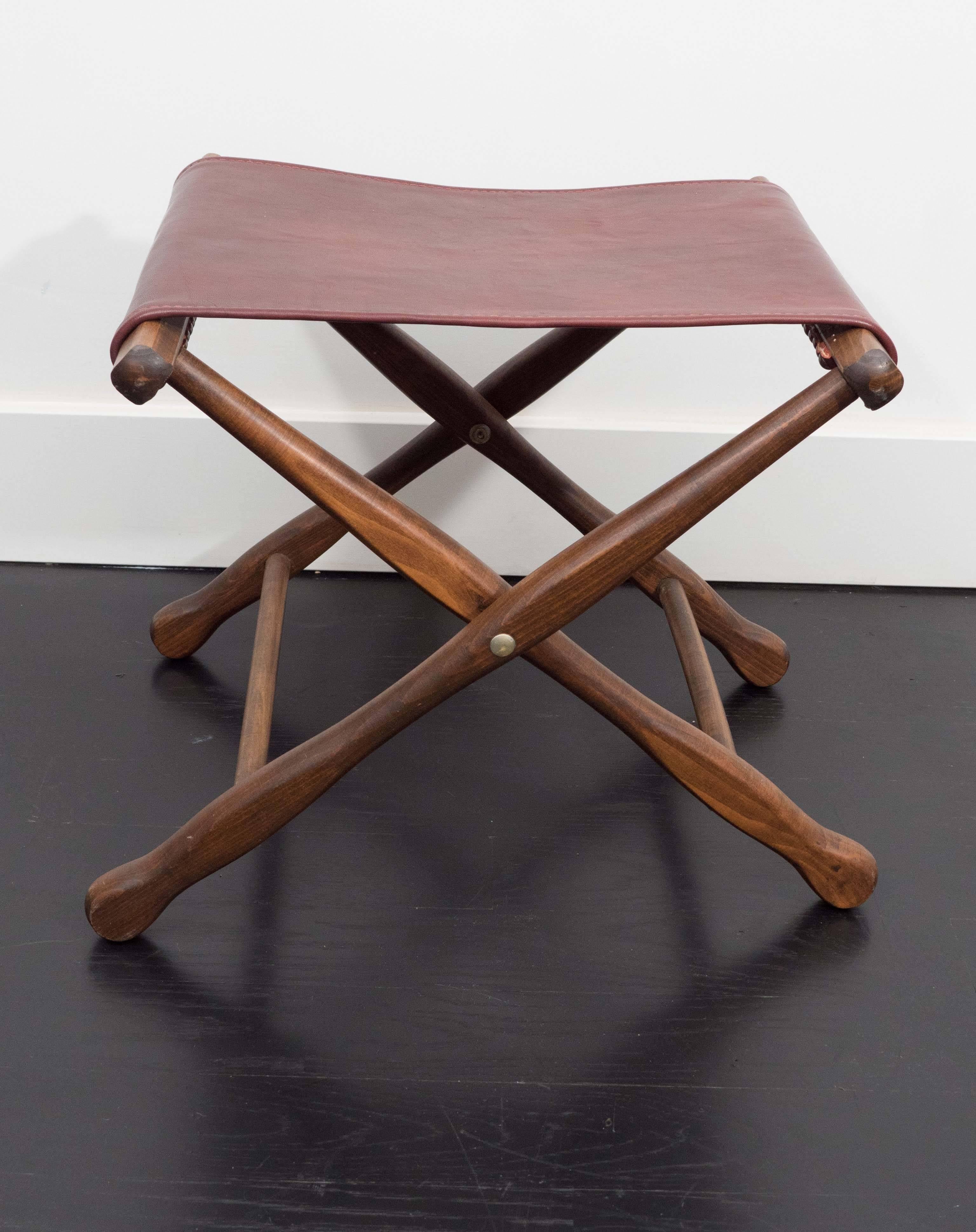 Pair of folding stools in walnut and leather, sling freshly replaced.