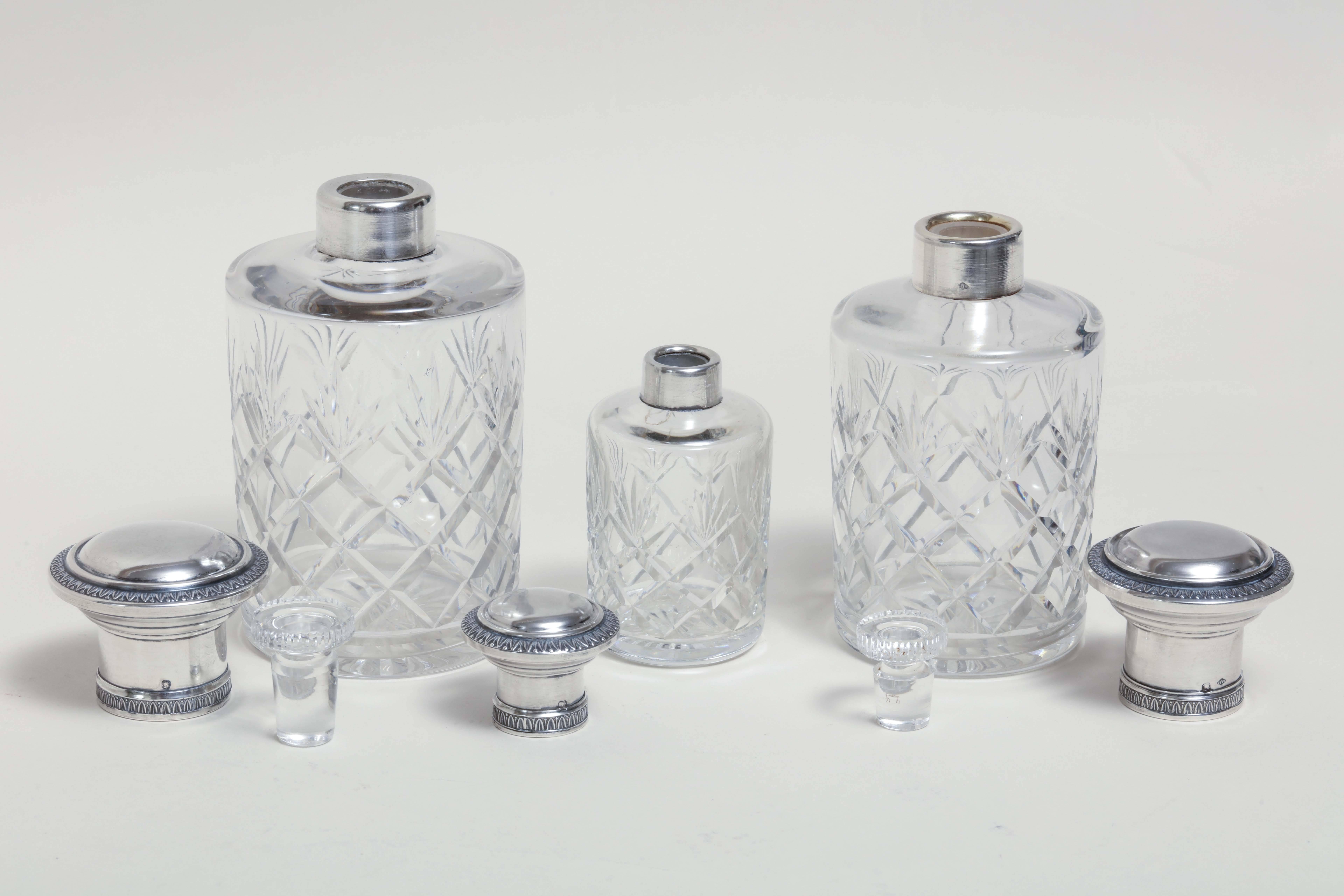Gustave Martin French Art Deco Set of Three Crystal and Sterling Silver Flacons For Sale 2