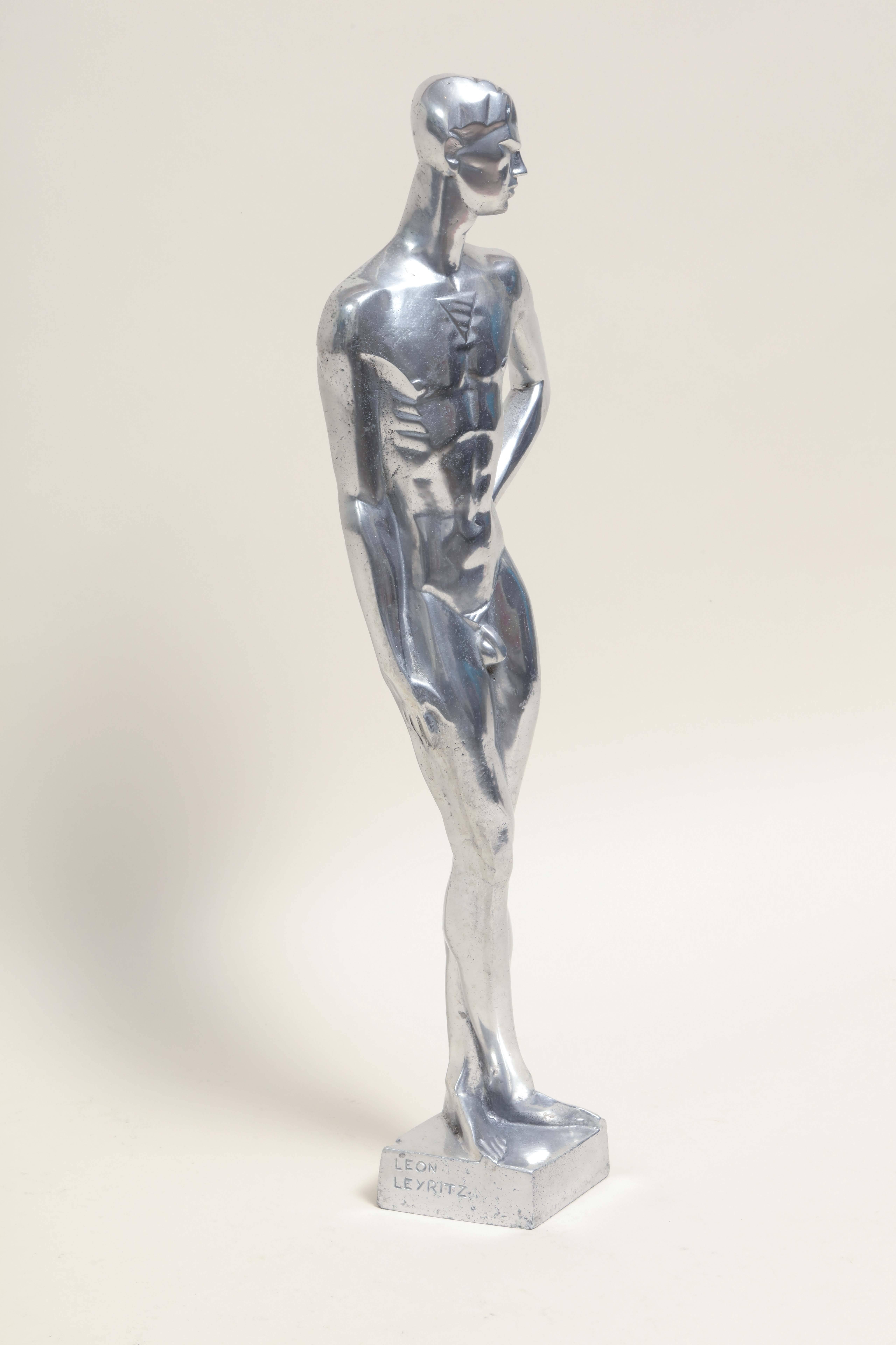 French 'Homme nu avec un bras sur la hanche' Aluminum Sculpture by Leon Leyritz For Sale