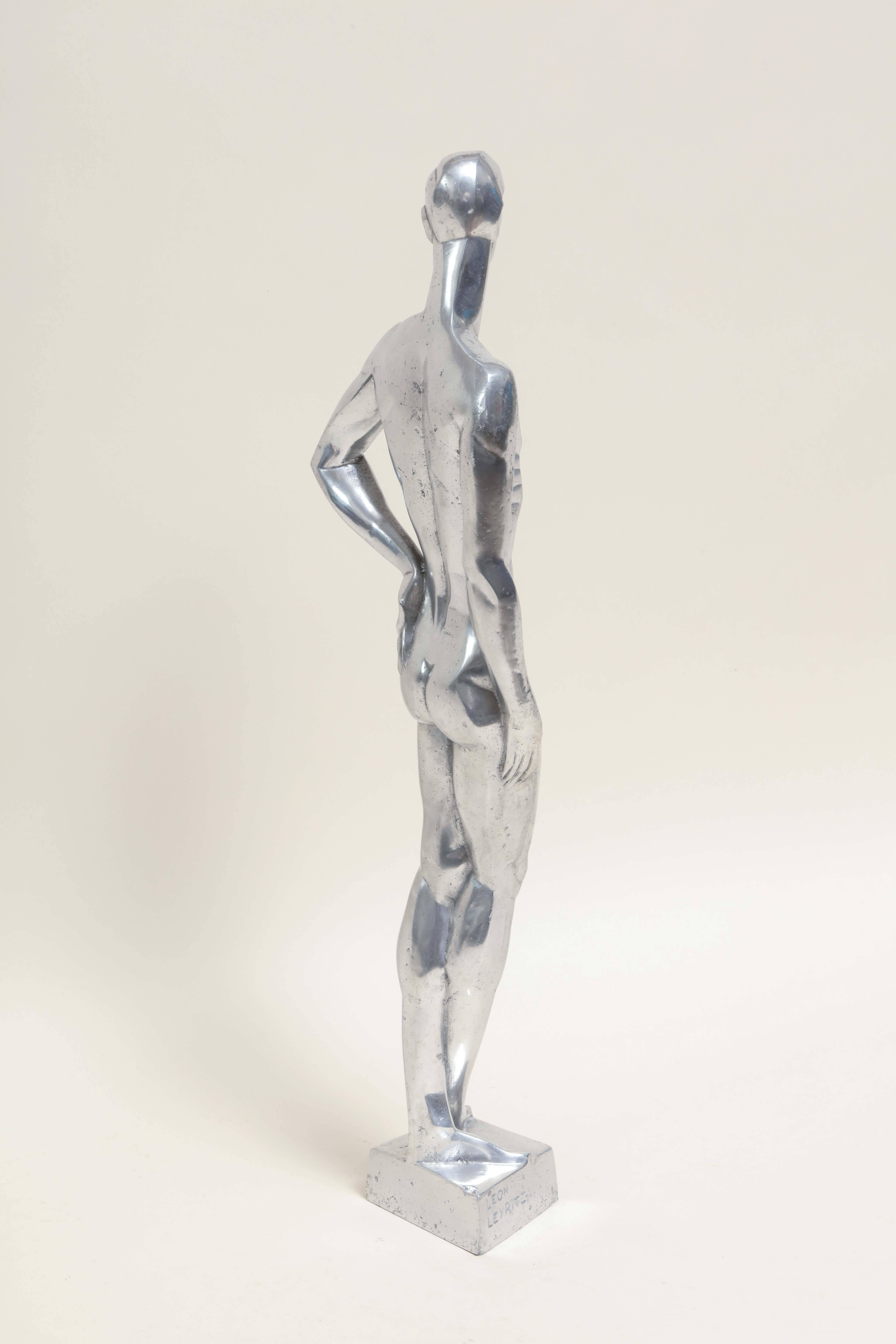 'Homme nu avec un bras sur la hanche' Aluminum Sculpture by Leon Leyritz In Excellent Condition For Sale In New York, NY