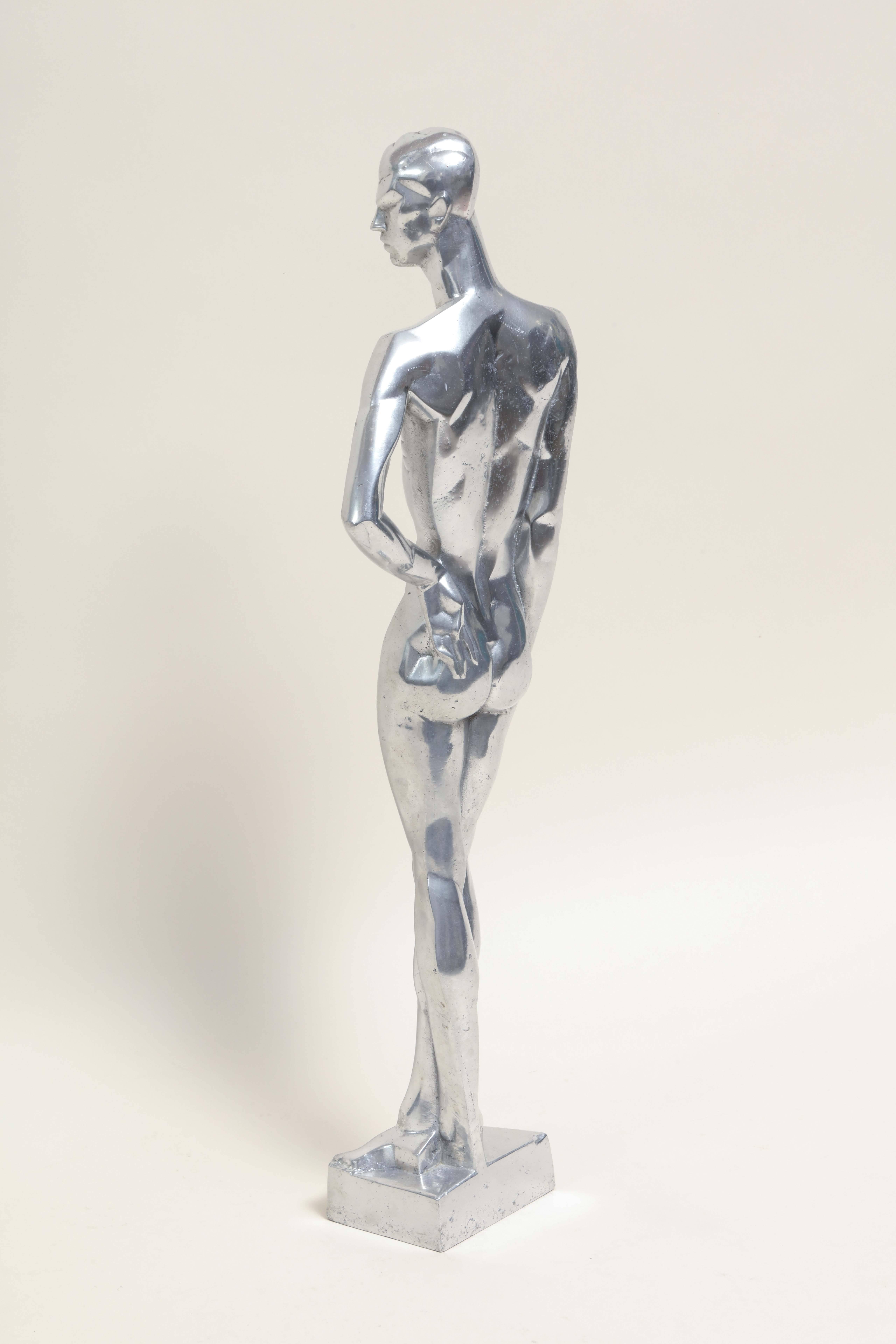 'Homme nu avec un bras sur la hanche' Aluminum Sculpture by Leon Leyritz For Sale 1