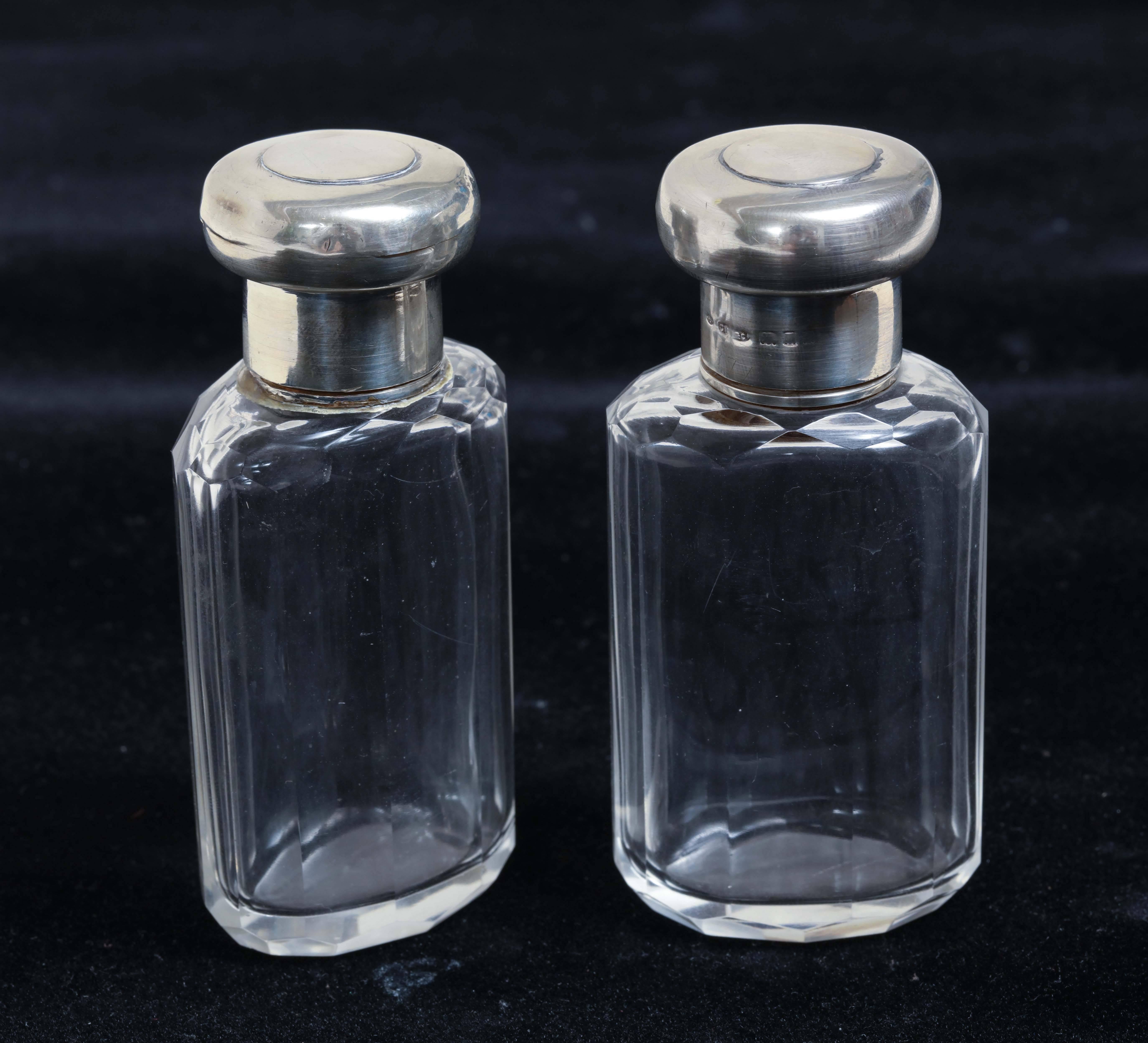 K.B. & Co. English Art Deco Pair of Crystal & Sterling Silver Scent Bottles In Excellent Condition In New York, NY