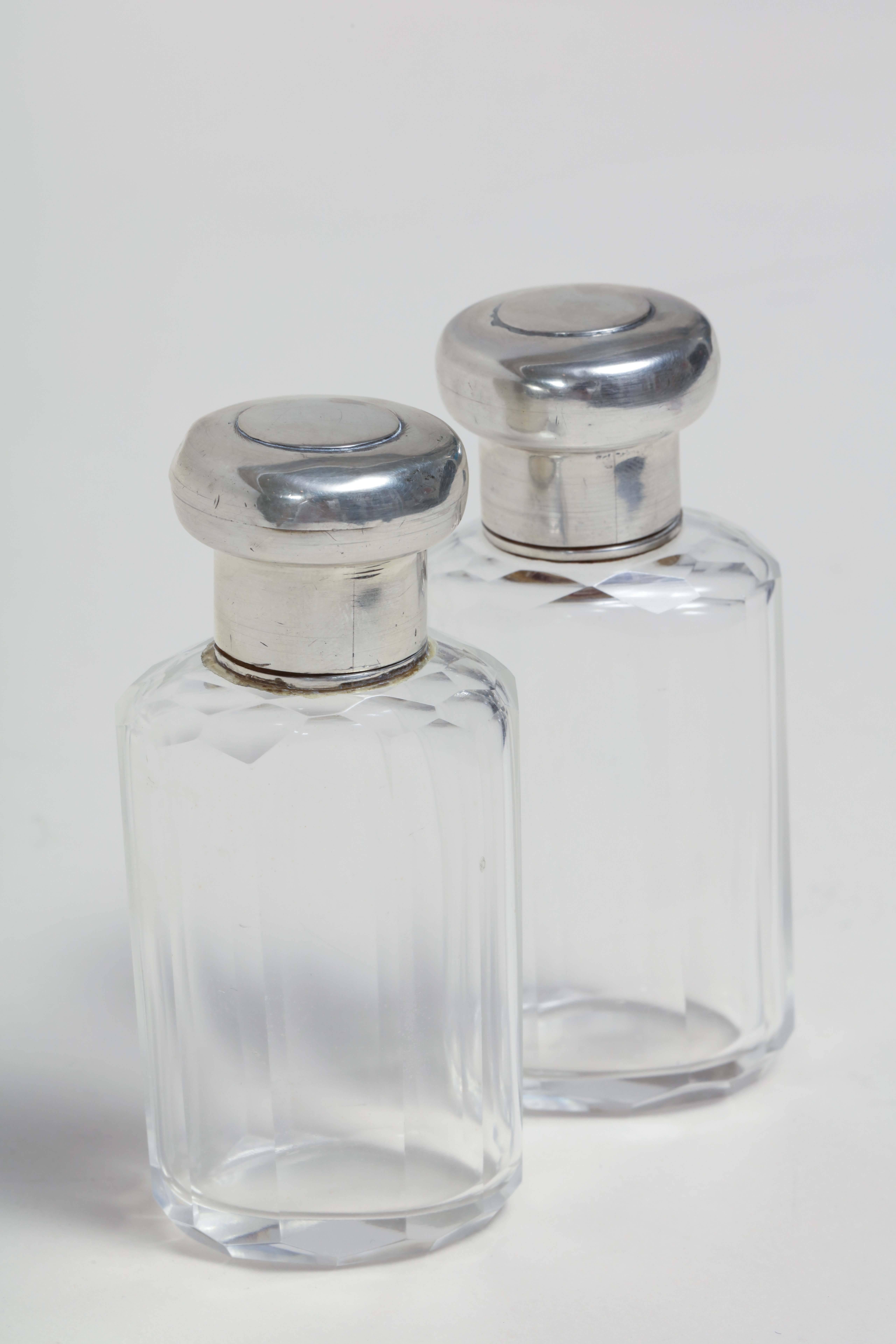 20th Century K.B. & Co. English Art Deco Pair of Crystal & Sterling Silver Scent Bottles