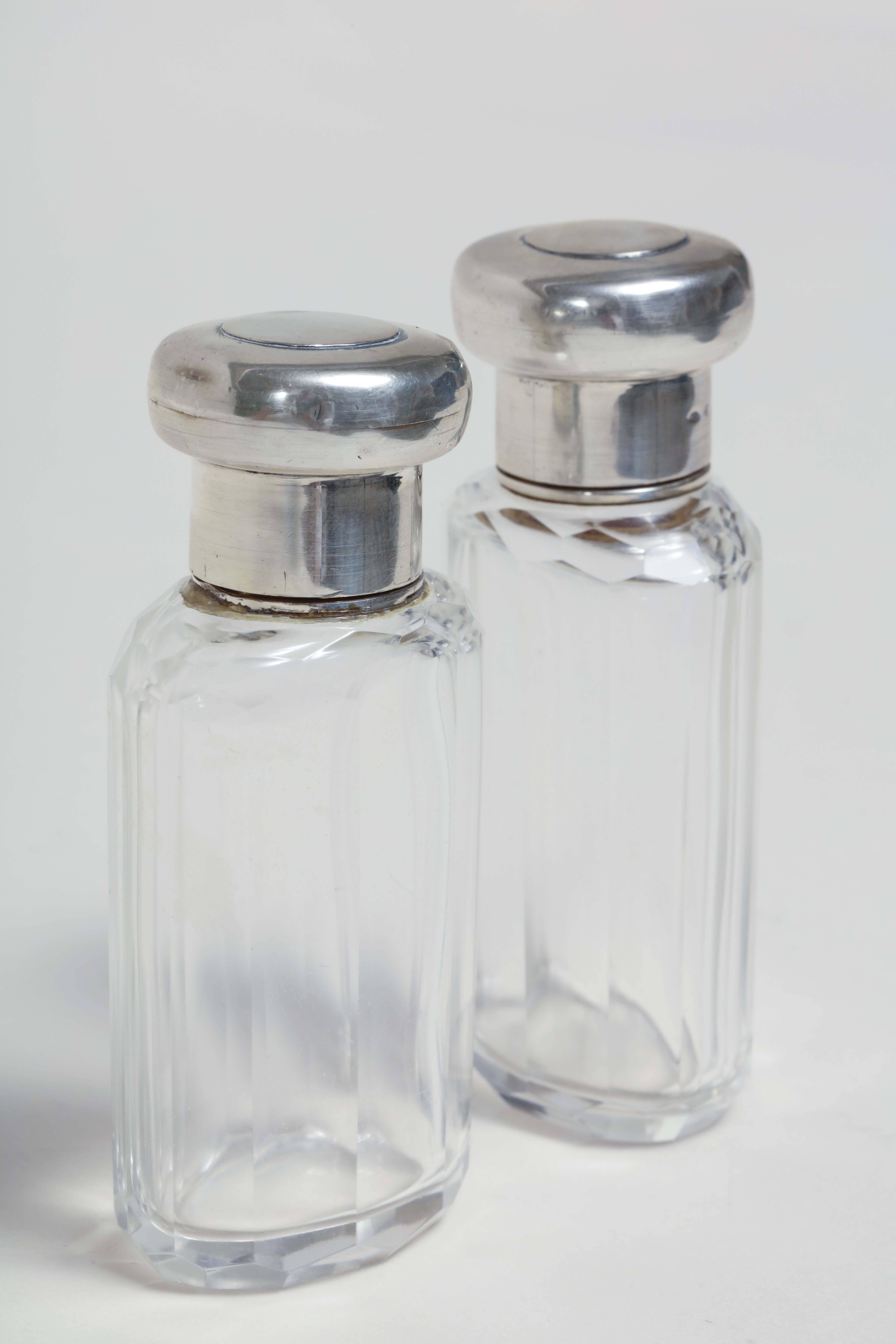 K.B. & Co. English Art Deco Pair of Crystal & Sterling Silver Scent Bottles 1