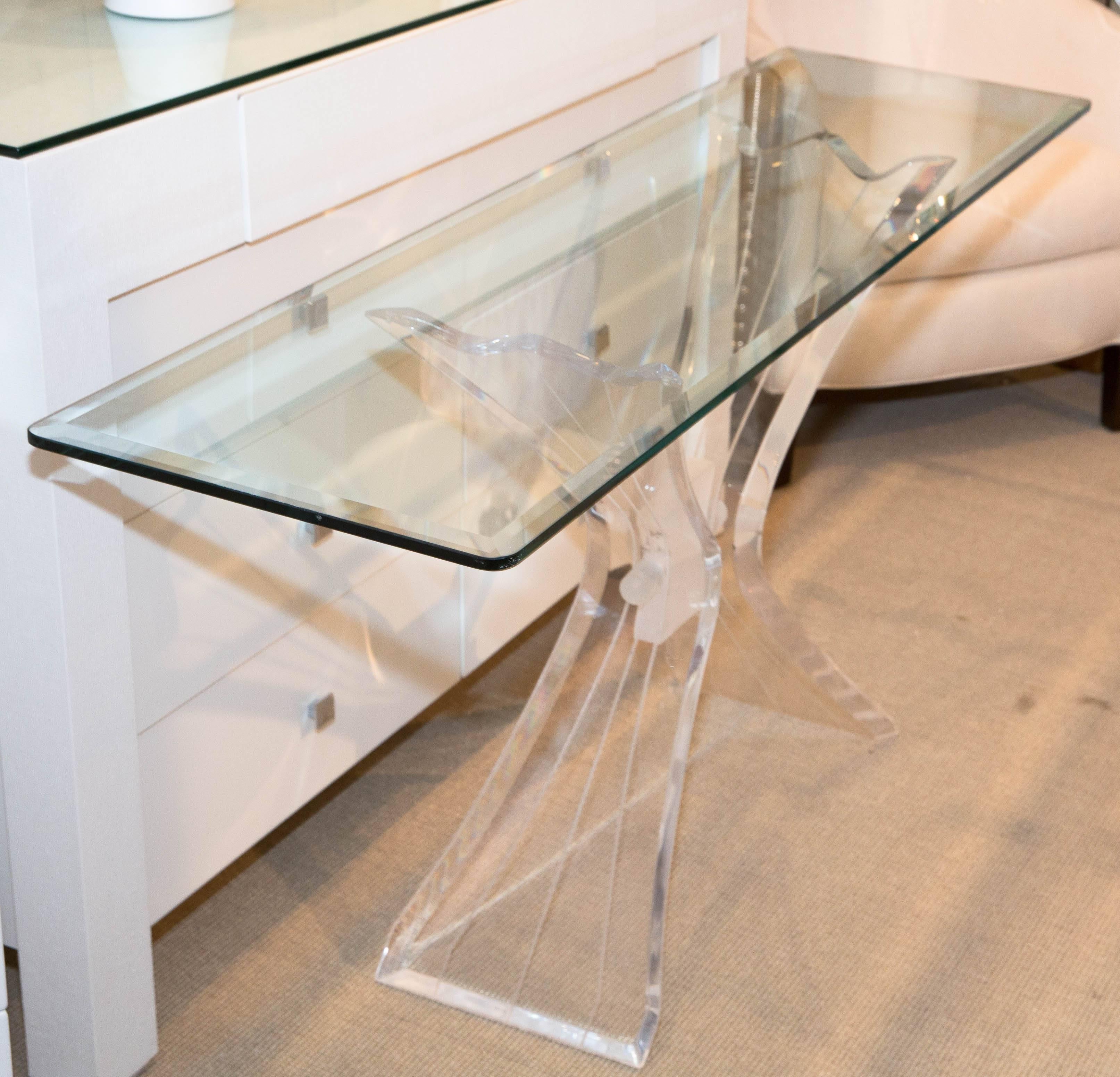 Mid-20th Century Attractive Mid-Century Console with Beveled Glass Top and Butterfly Lucite Base For Sale