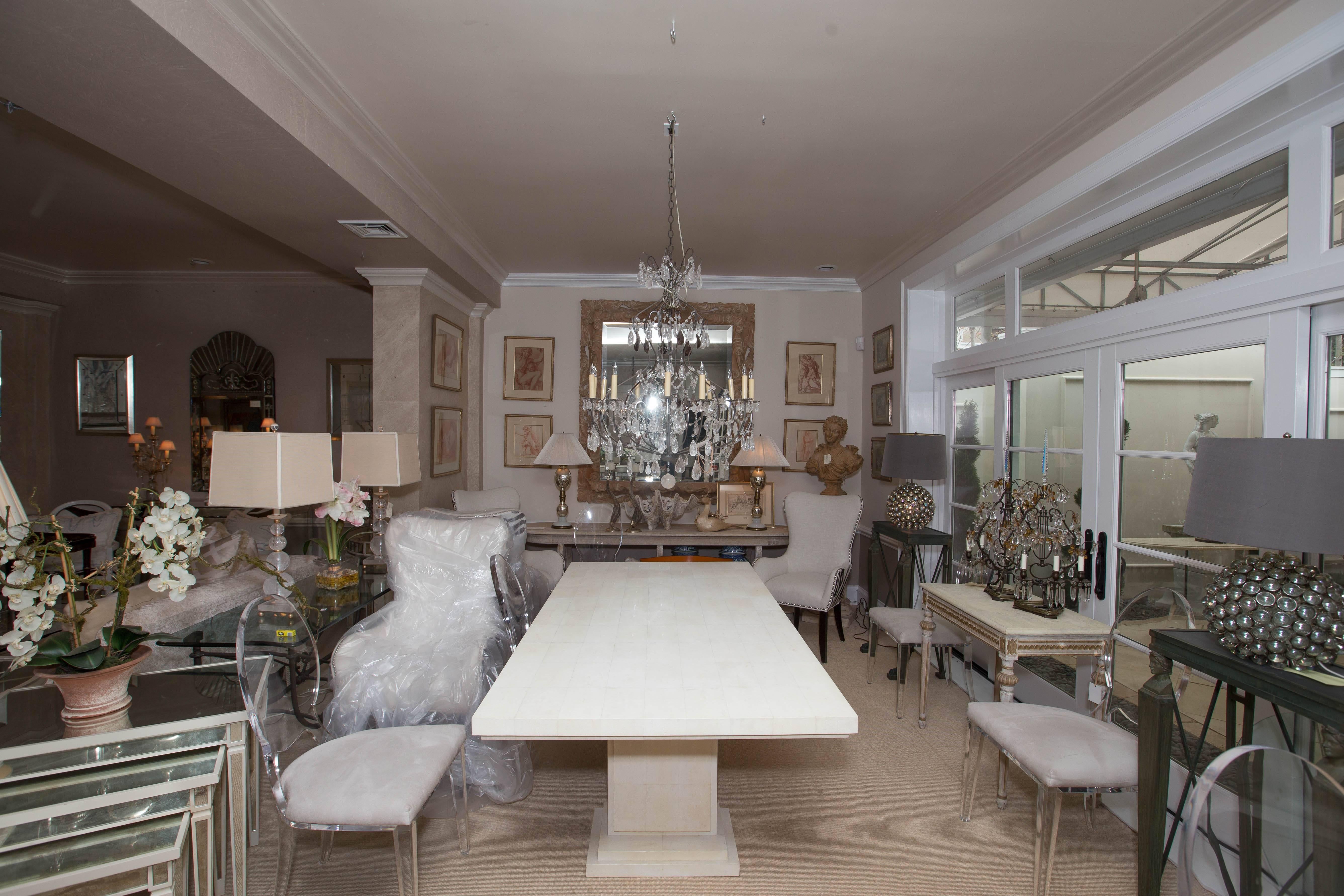 Magnificent white shagreen double pedestal dining table. This is real shagreen not faux.