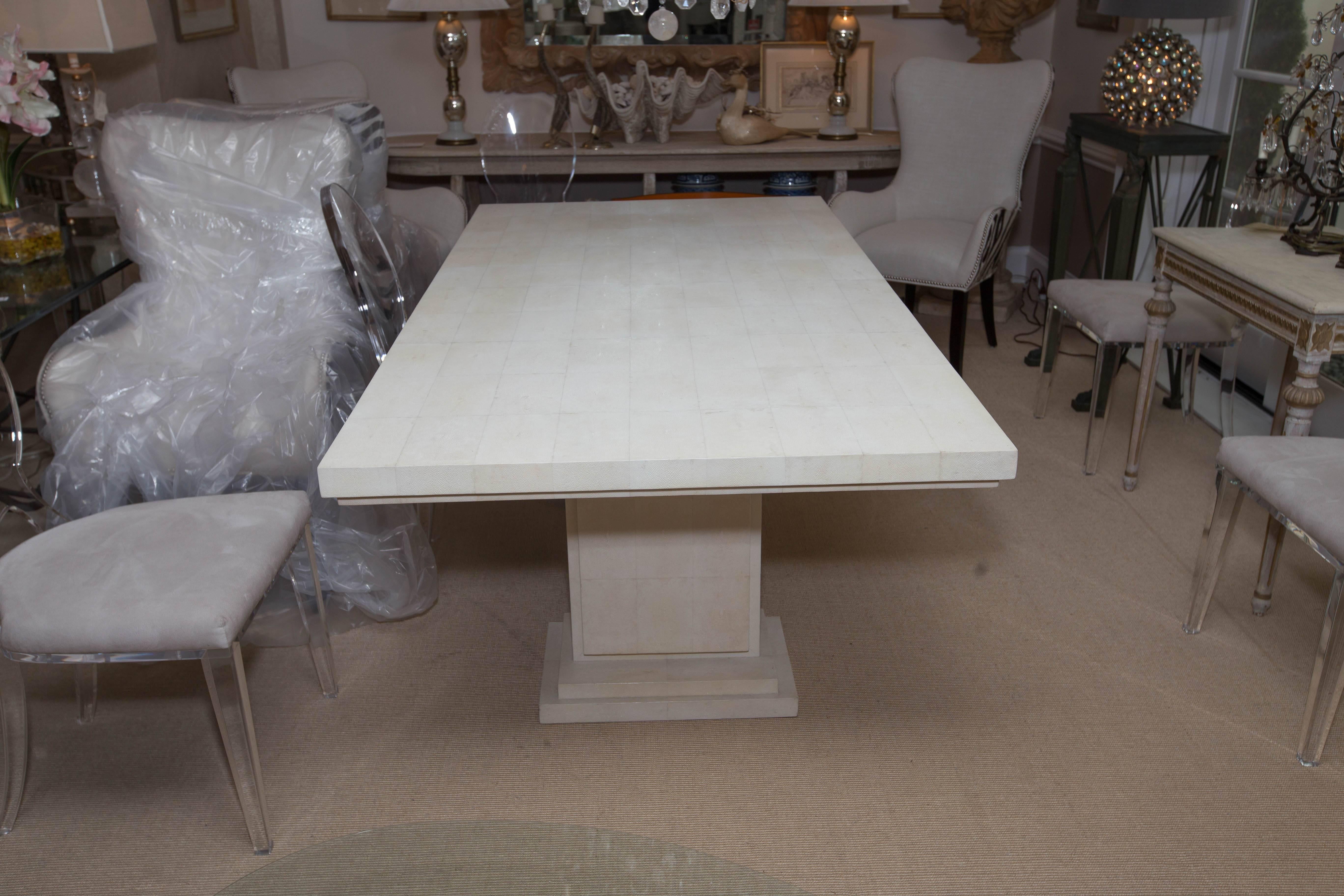 Modern Magnificent White Shagreen Double Pedestal Dining Table