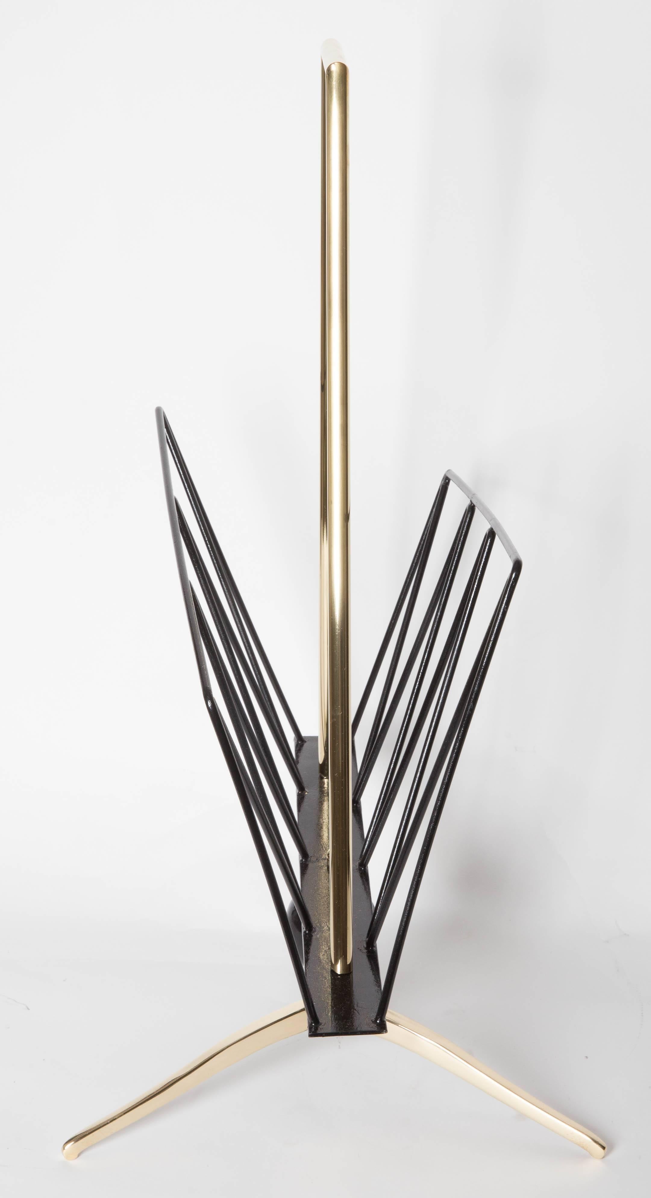 Mid-Century Modern Stylized Brass and Iron Magazine Rack For Sale