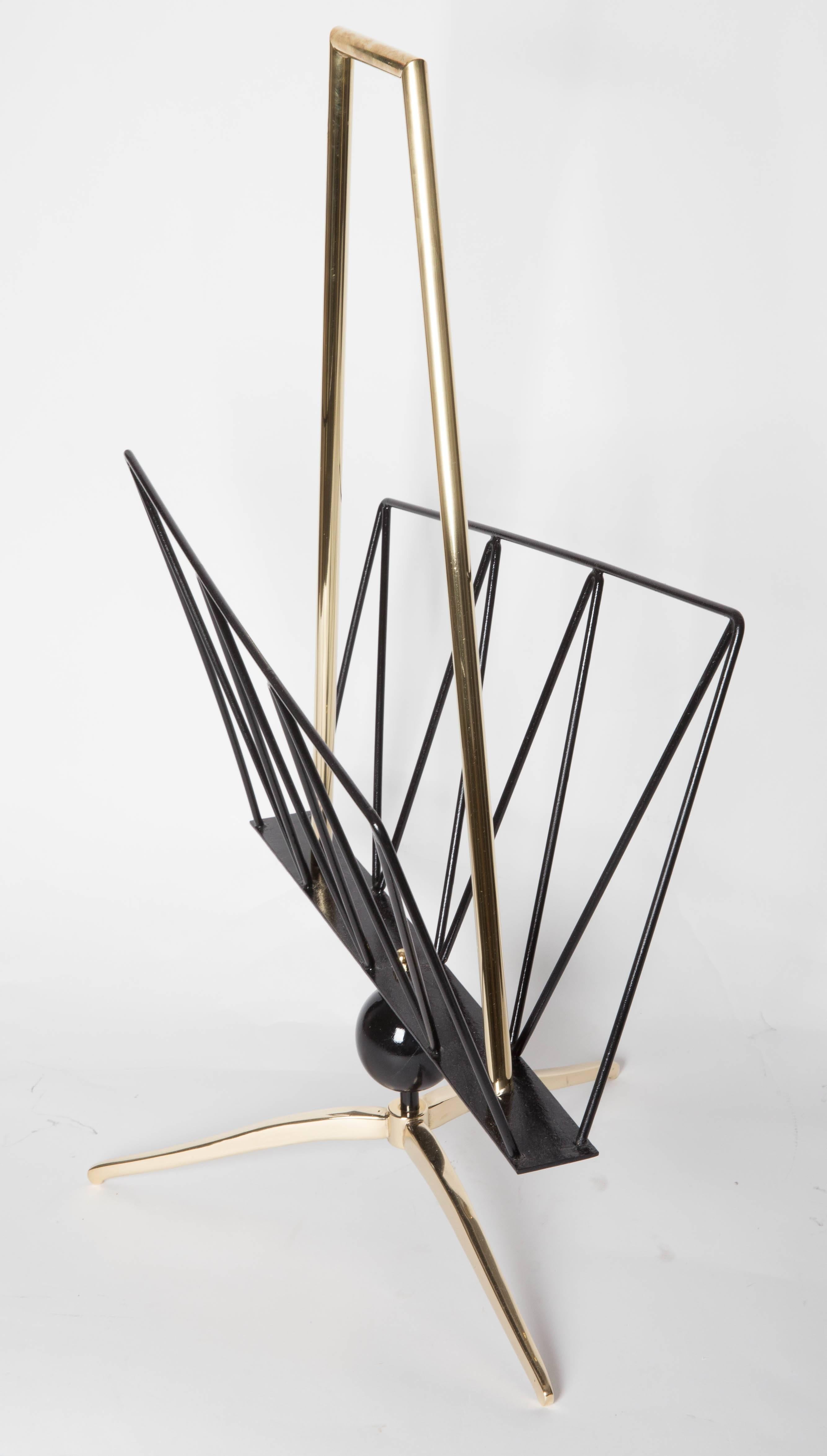 Stylized Brass and Iron Magazine Rack In Excellent Condition For Sale In Bridgehampton, NY