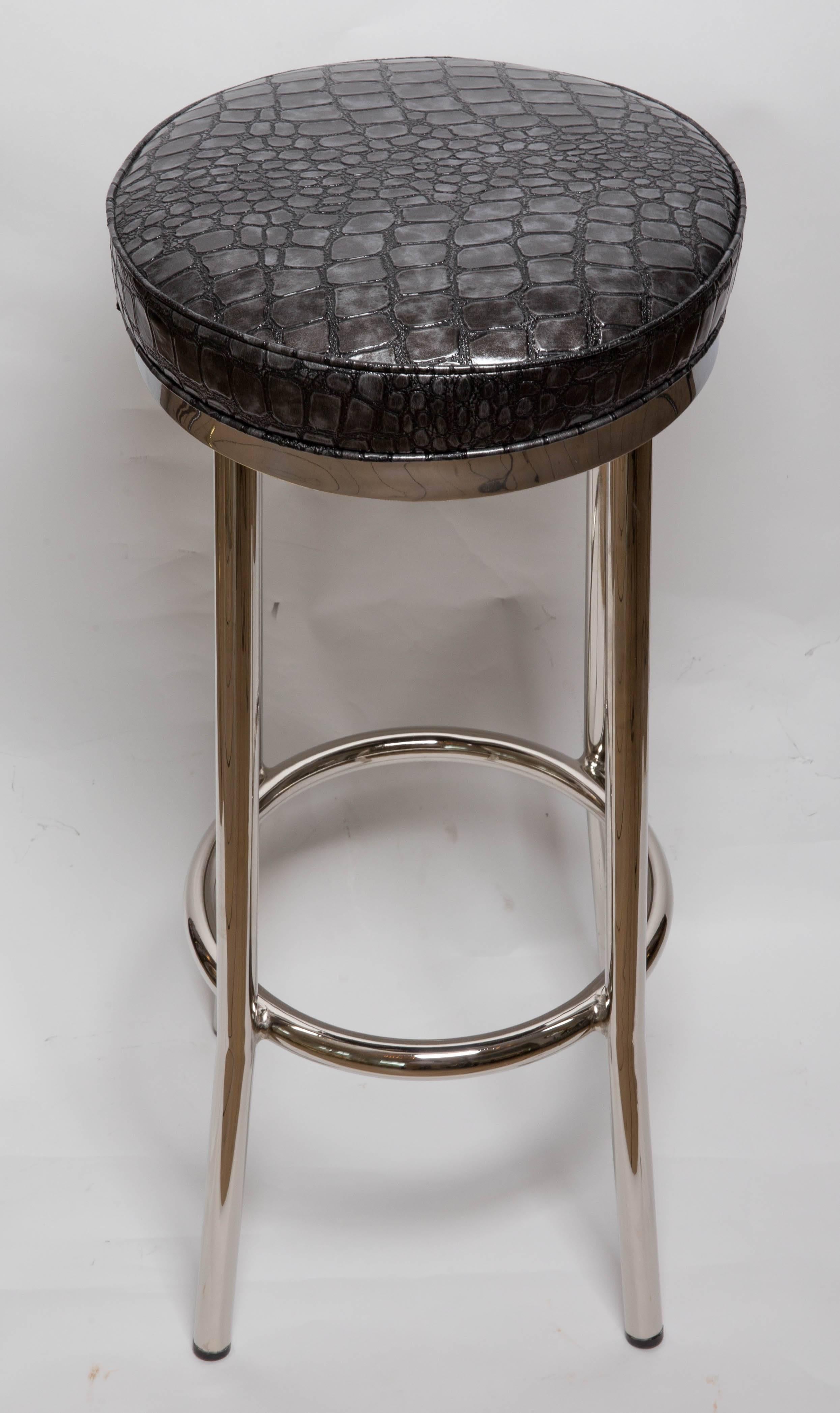 Set of Four Chrome Bar Stools Upholstered in Black and Grey Faux Crock In Excellent Condition In Bridgehampton, NY