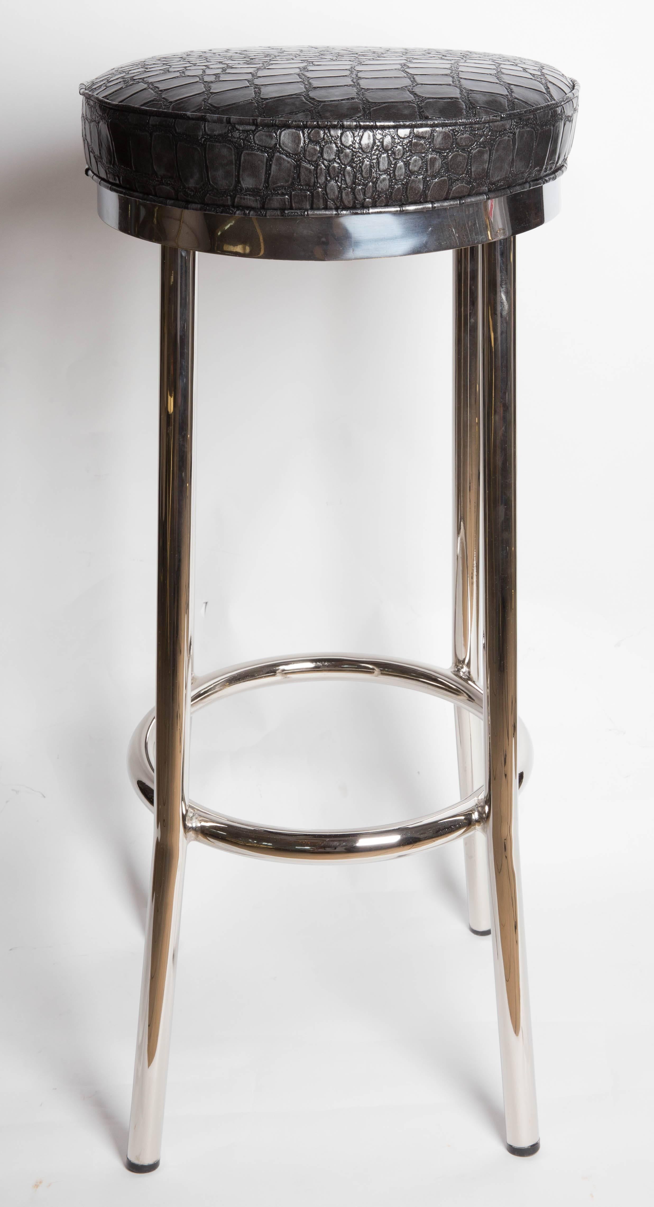 20th Century Set of Four Chrome Bar Stools Upholstered in Black and Grey Faux Crock