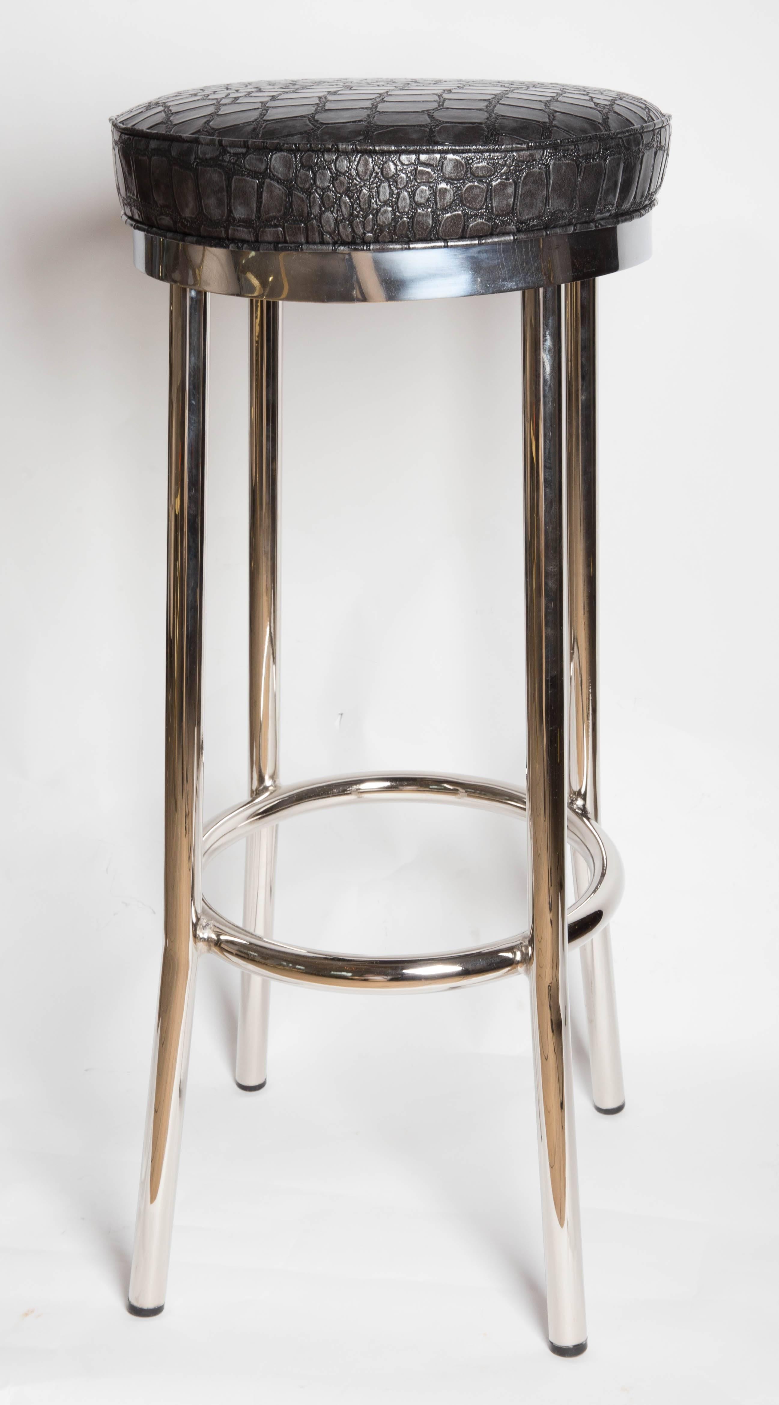 Set of Four Chrome Bar Stools Upholstered in Black and Grey Faux Crock 1