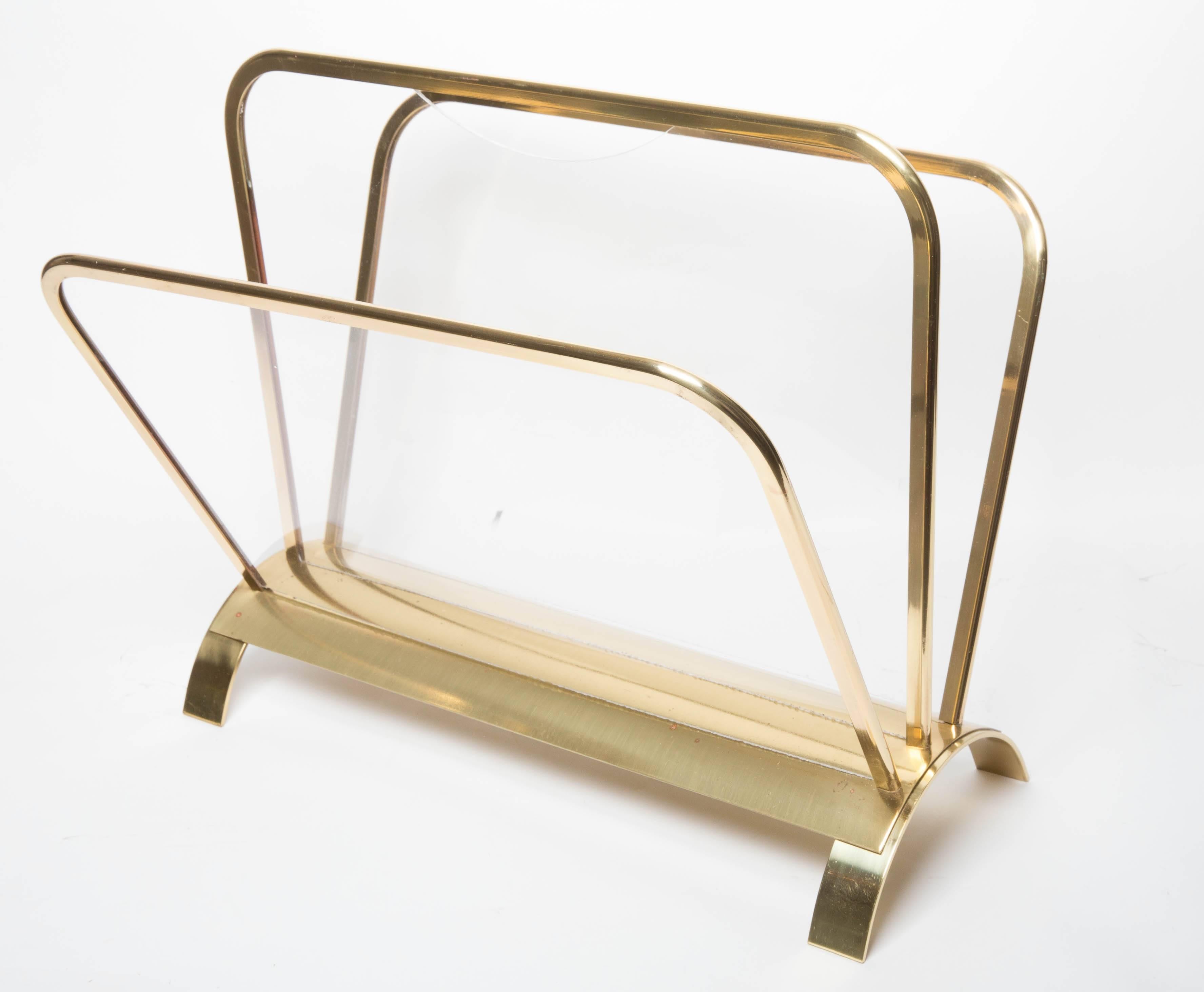 Mid-Century Modern Brass and Lucite Magazine Holder For Sale