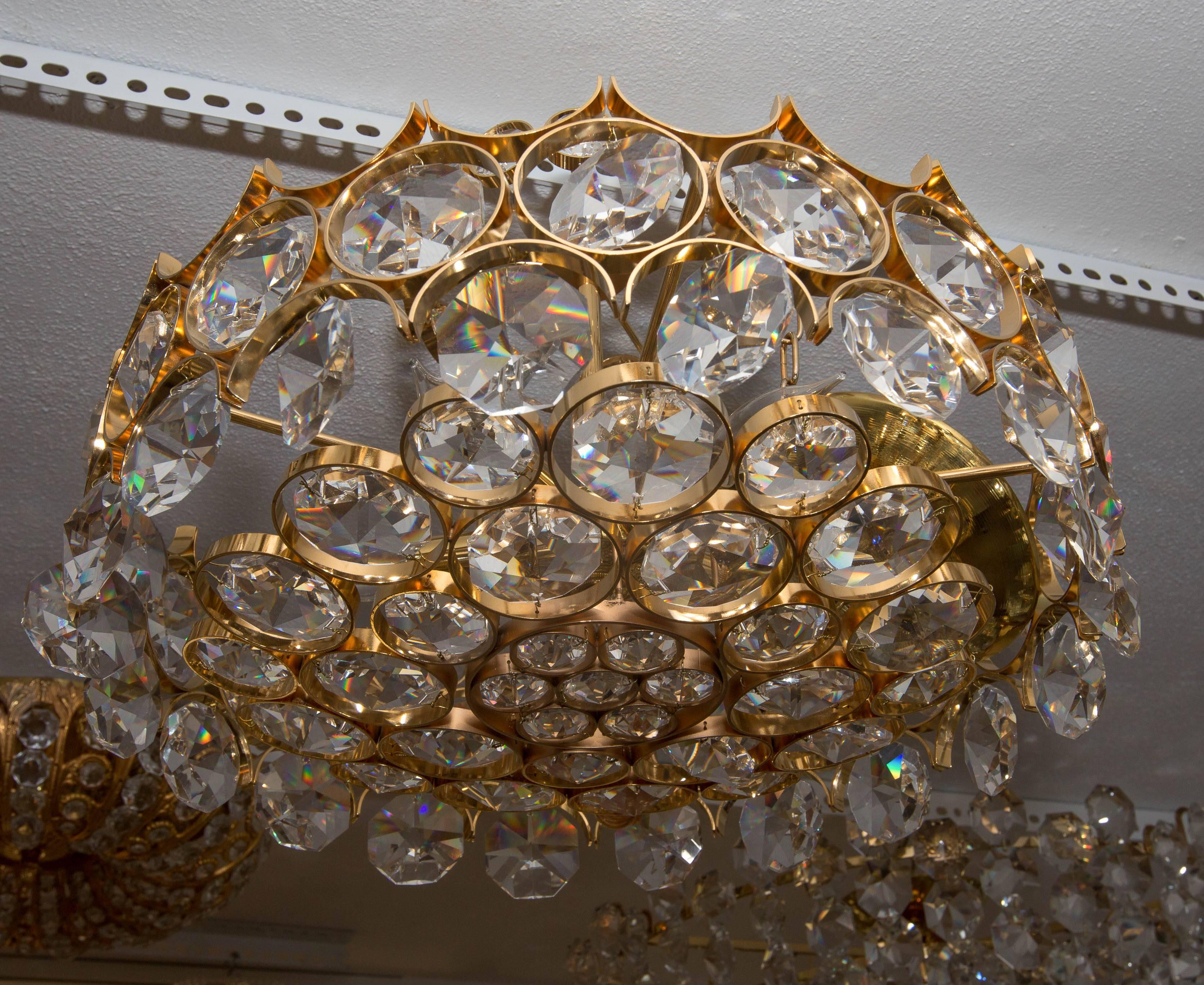 Mid-Century Modern Brass Chandelier with Facet Cut Crystal 