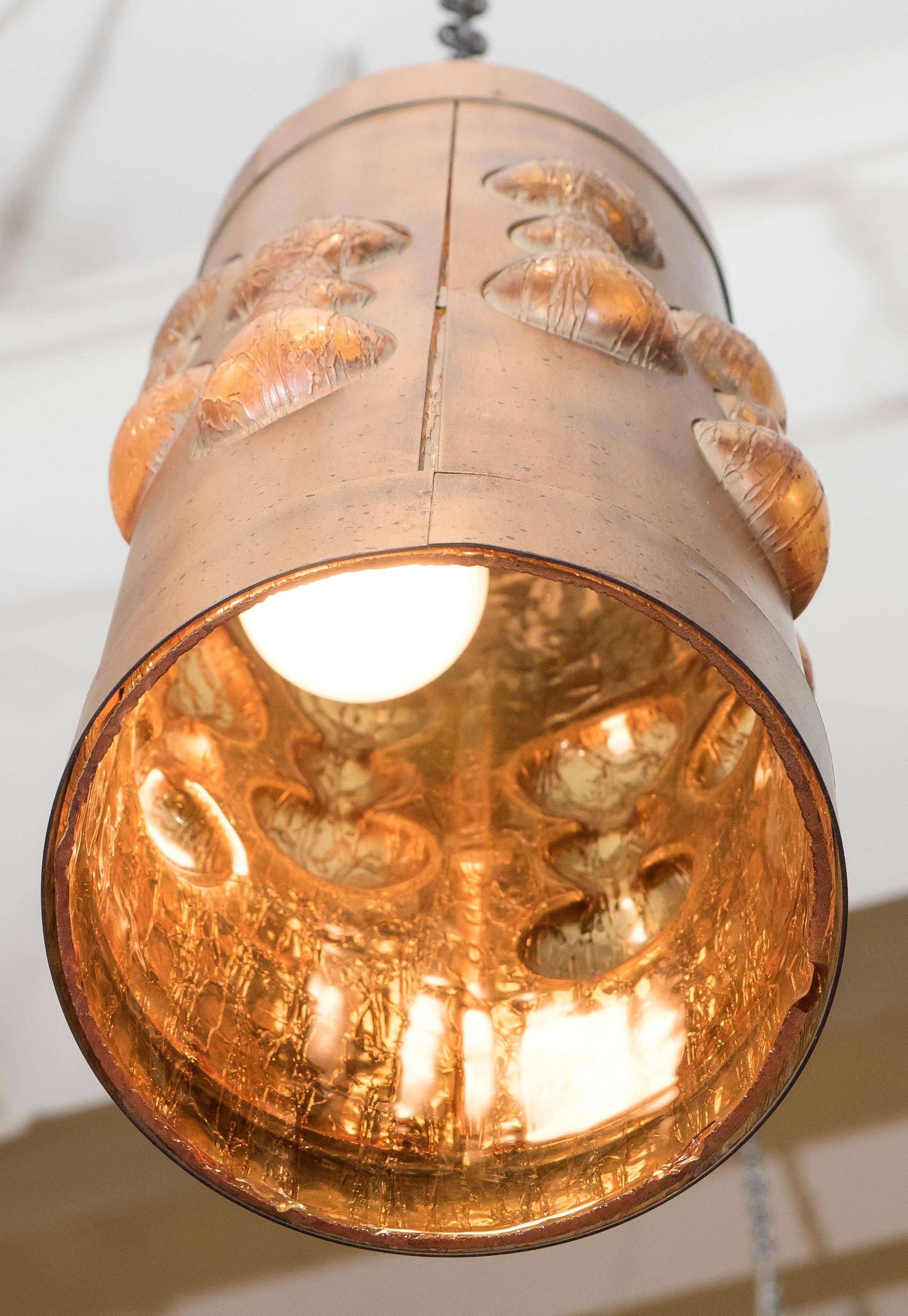 20th Century Mid-Century Gilt Metal Cylindrical Pendant Fixture with Amber Colored Resin