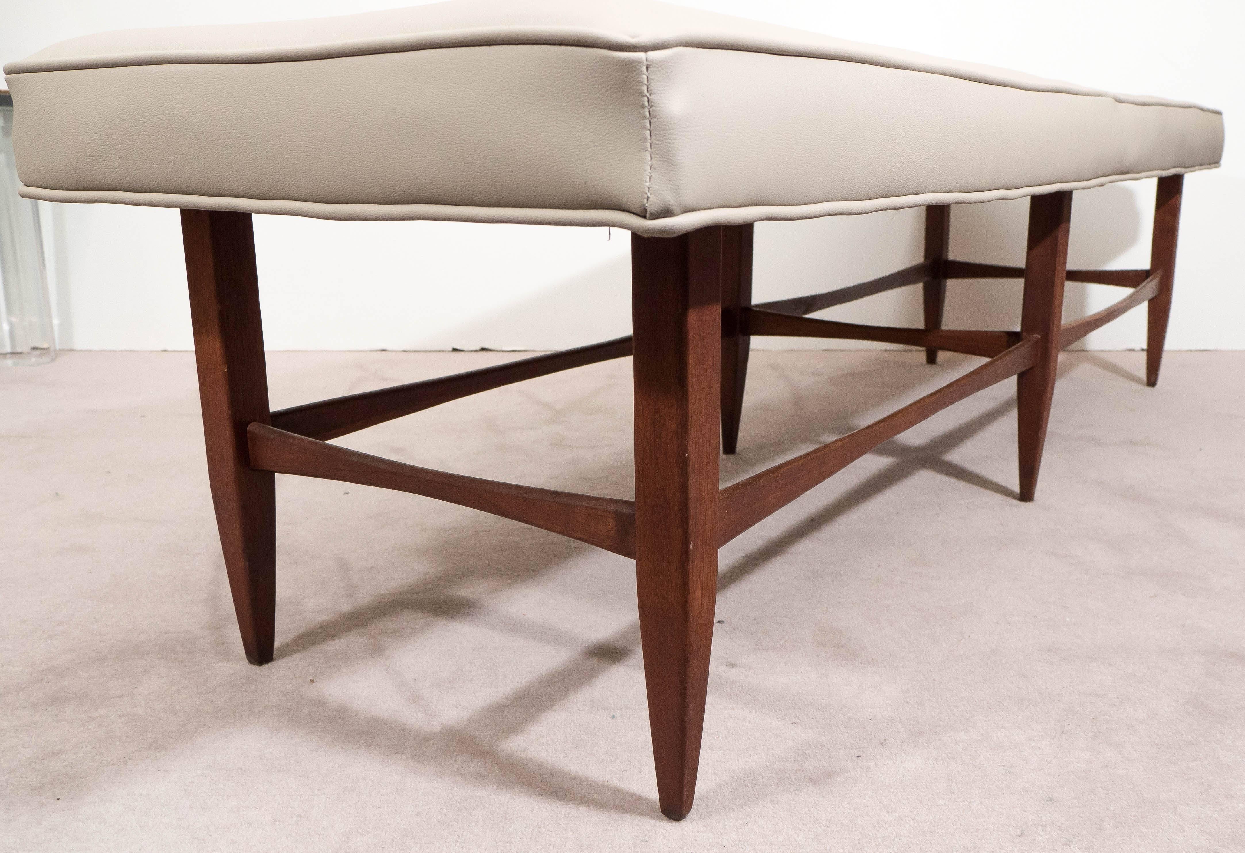 20th Century Mid-Century Wood Bench with Beige Vinyl Seat