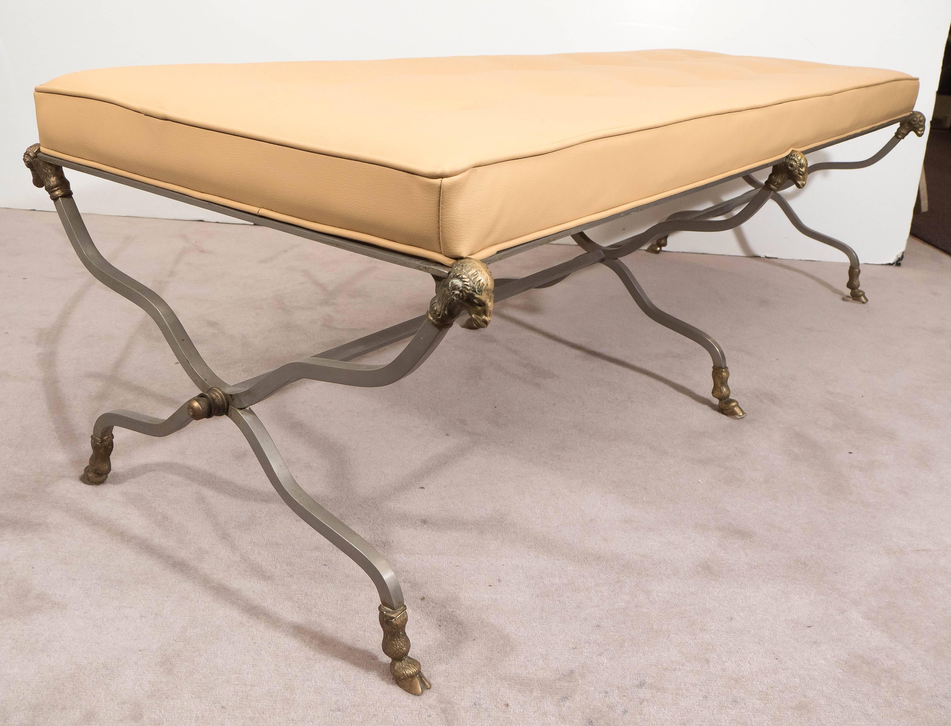 Italian Steel X-Base Bench with Brass Ram's Head and Hoof Motif In Good Condition In New York, NY