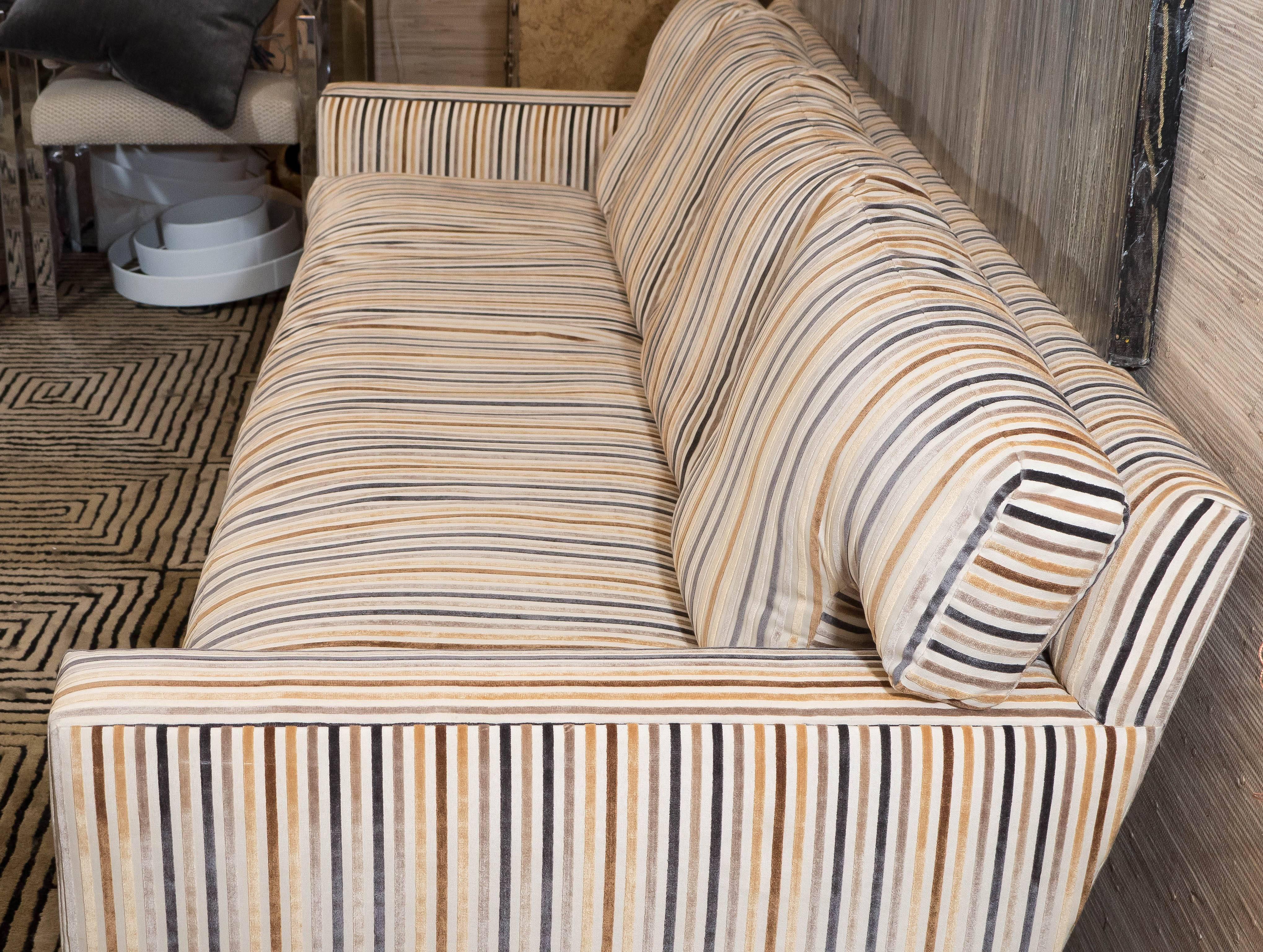 Mid-Century Modern Midcentury Down Sofa in Striped Cut Velvet