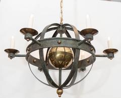Pair of Mid-Century Verdigris Iron and Brass Orbit Light Fixtures
