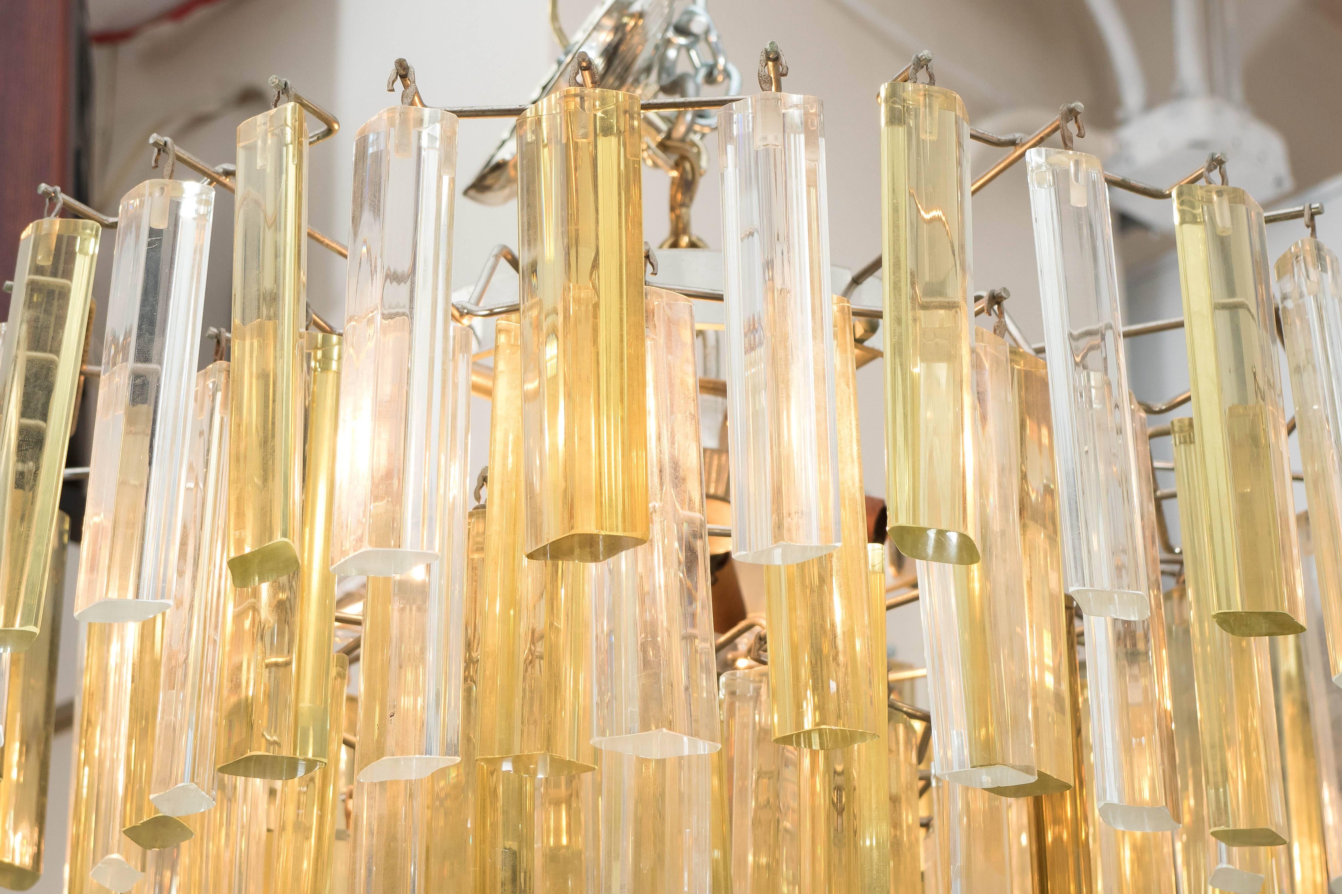 Italian Venini Three-Tier Chandelier with Clear and Gold Glass Prisms