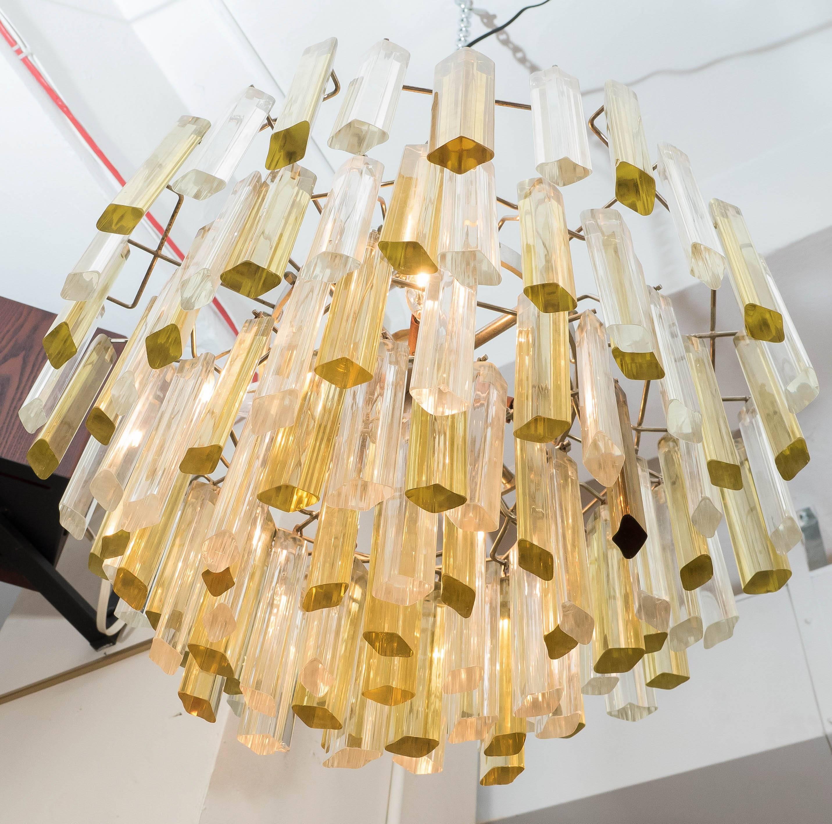 Late 20th Century Venini Three-Tier Chandelier with Clear and Gold Glass Prisms