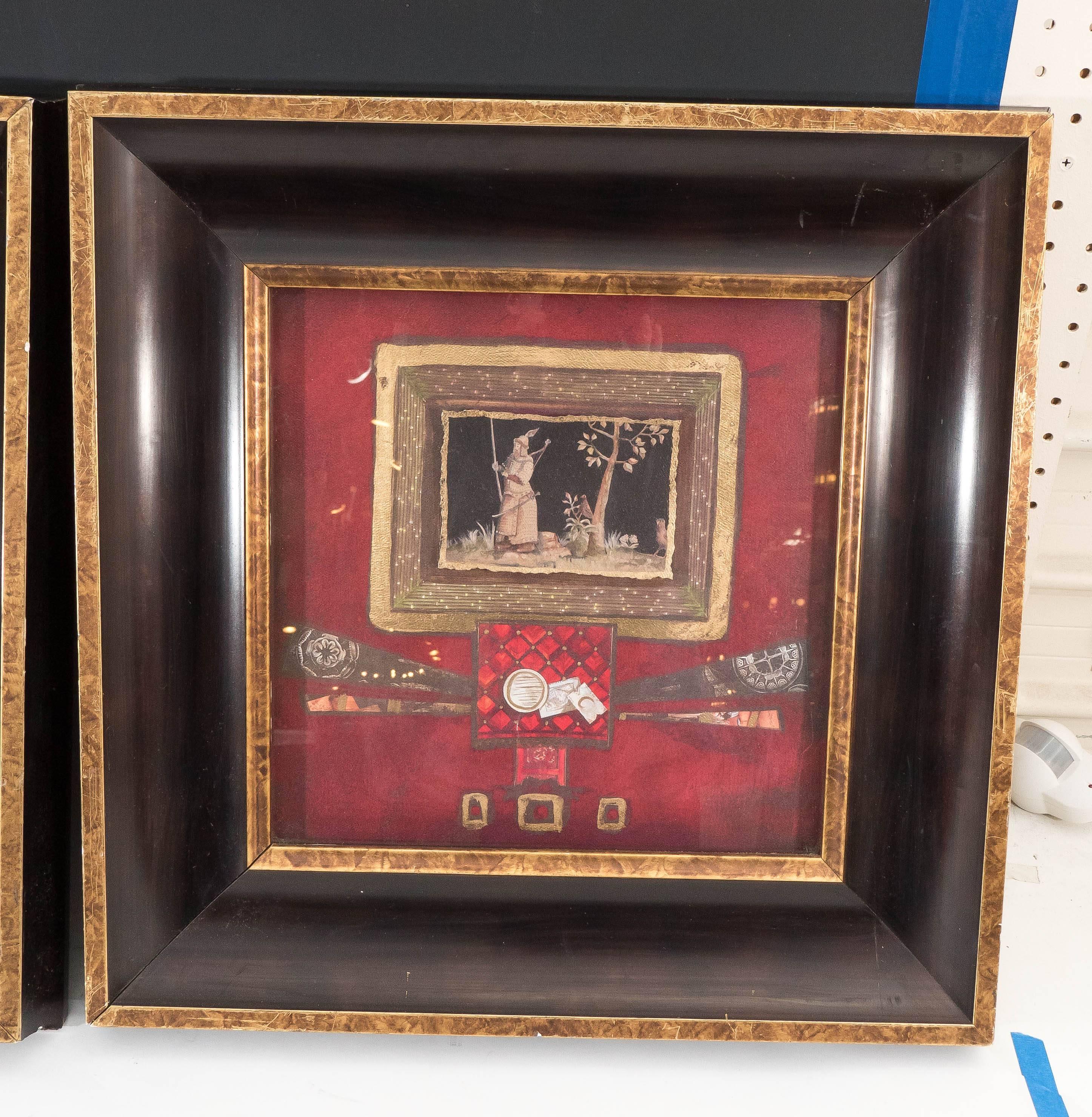 A pair of framed mixed-media collages, each with uniquely embellished decoration and scenes. Artist's biography included, to the reverse. The Papua New Guinea-born, contemporary artist, Marie-Frederique applies diverse style and inspiration from her