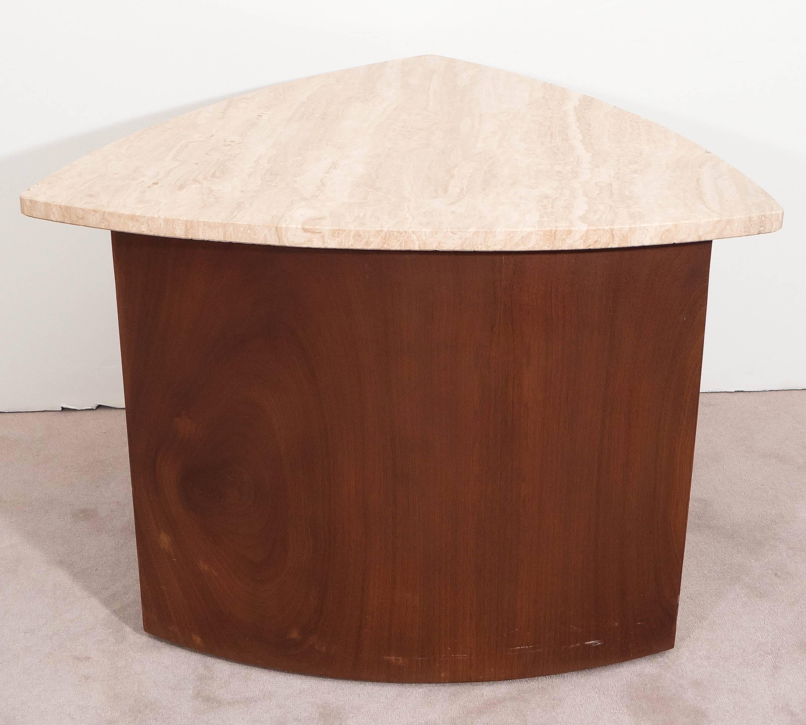 Mid-Century Modern Wedge Accent Table in Walnut with Italian Travertine Top For Sale