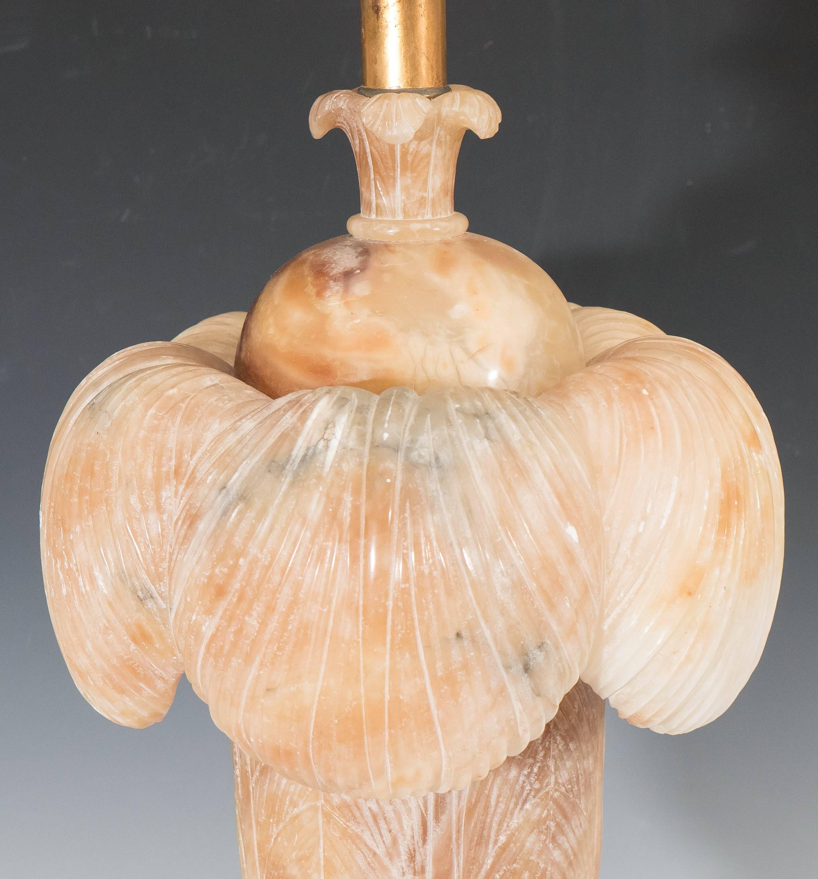 Gilt Pair of Alabaster Feather Plume Lamps on Gilded Bases