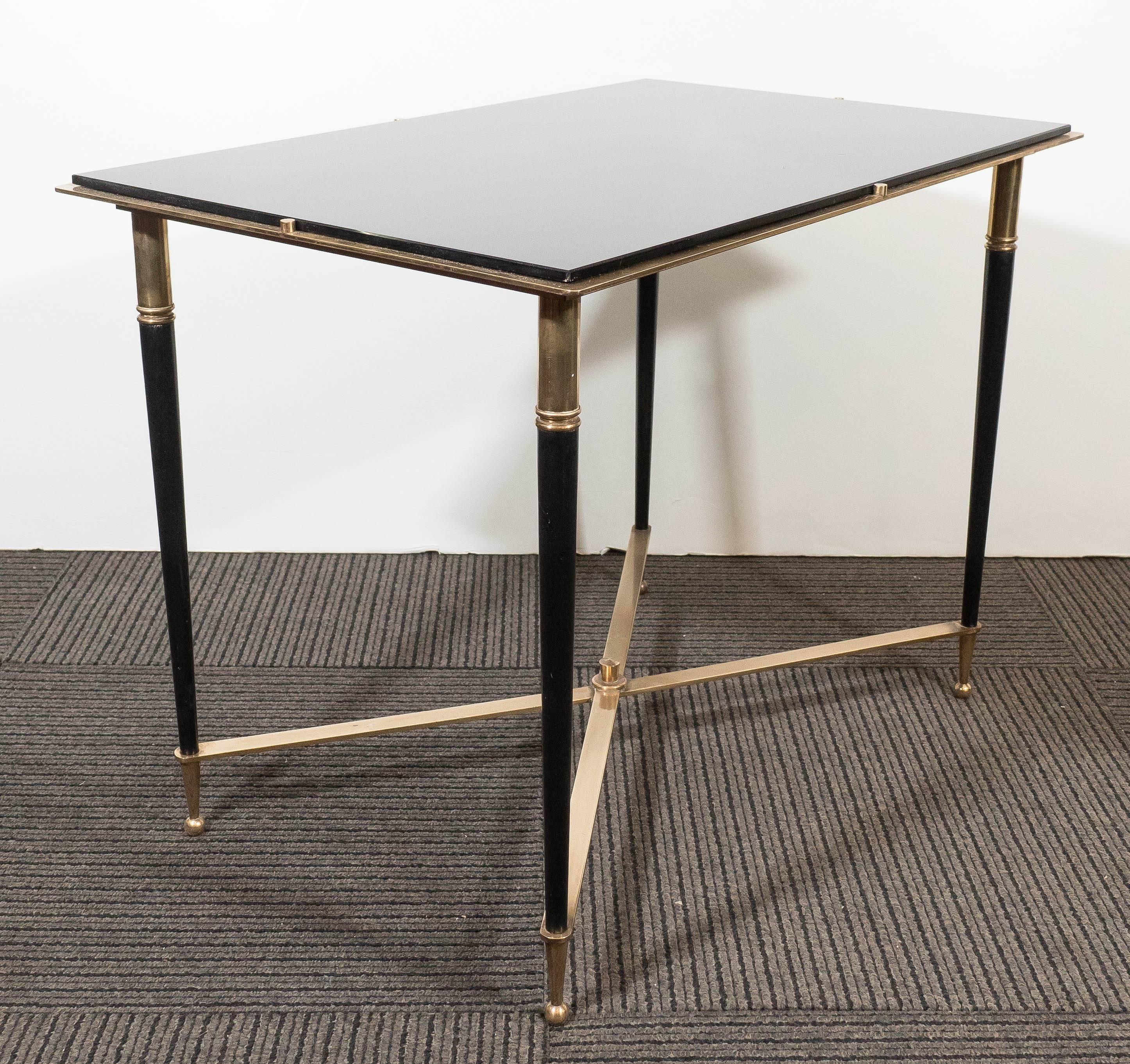 French Black Glass Top Side Table, in the Style of Maison Jansen 1