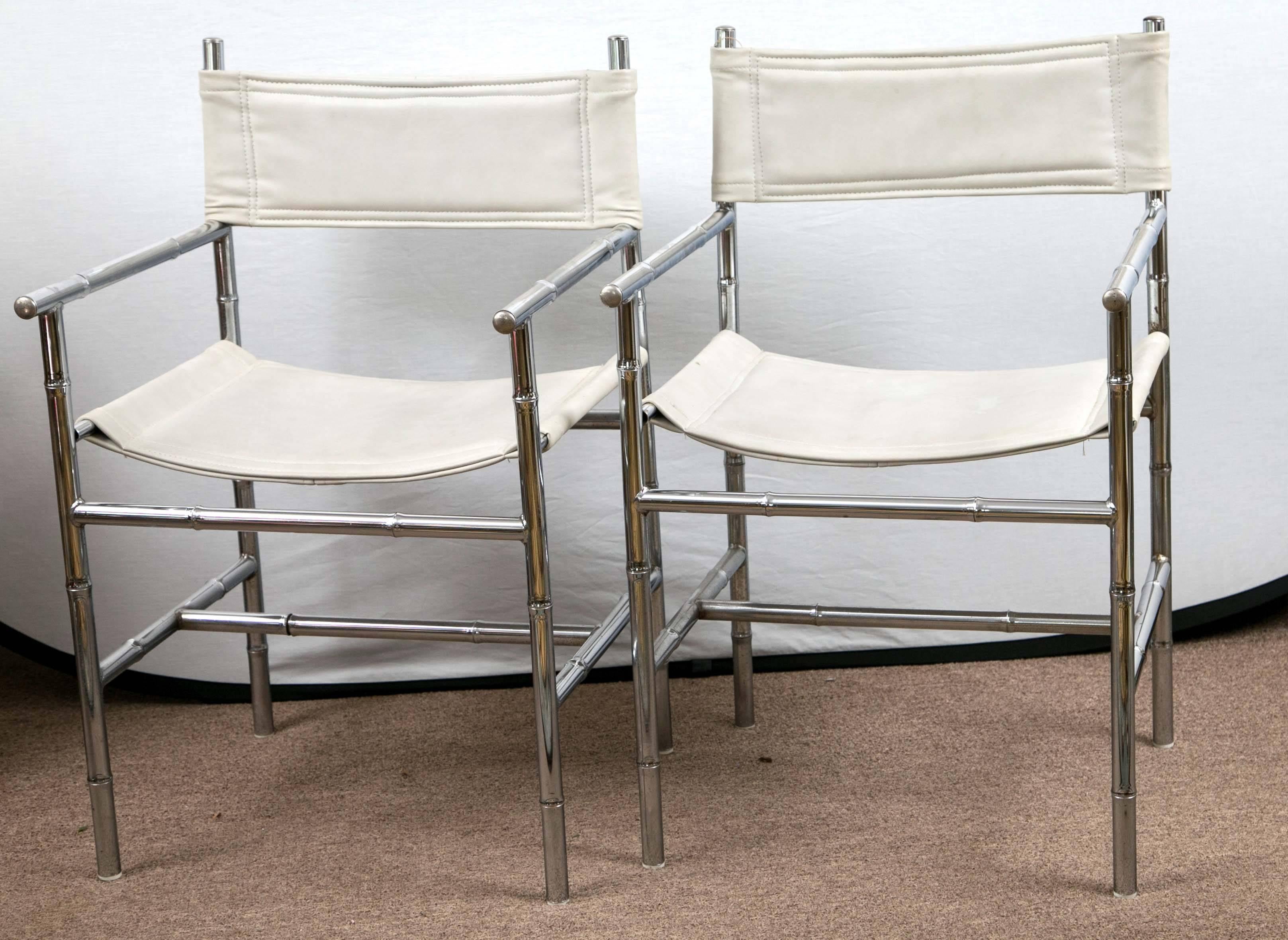 A set of four Milo Baughman style vintage chrome bamboo Director's chairs. Vintage 1970s made of chrome in the form of bamboo and leatherette. An off white/crème leatherette. Easy to care for really pretty and comfortable!