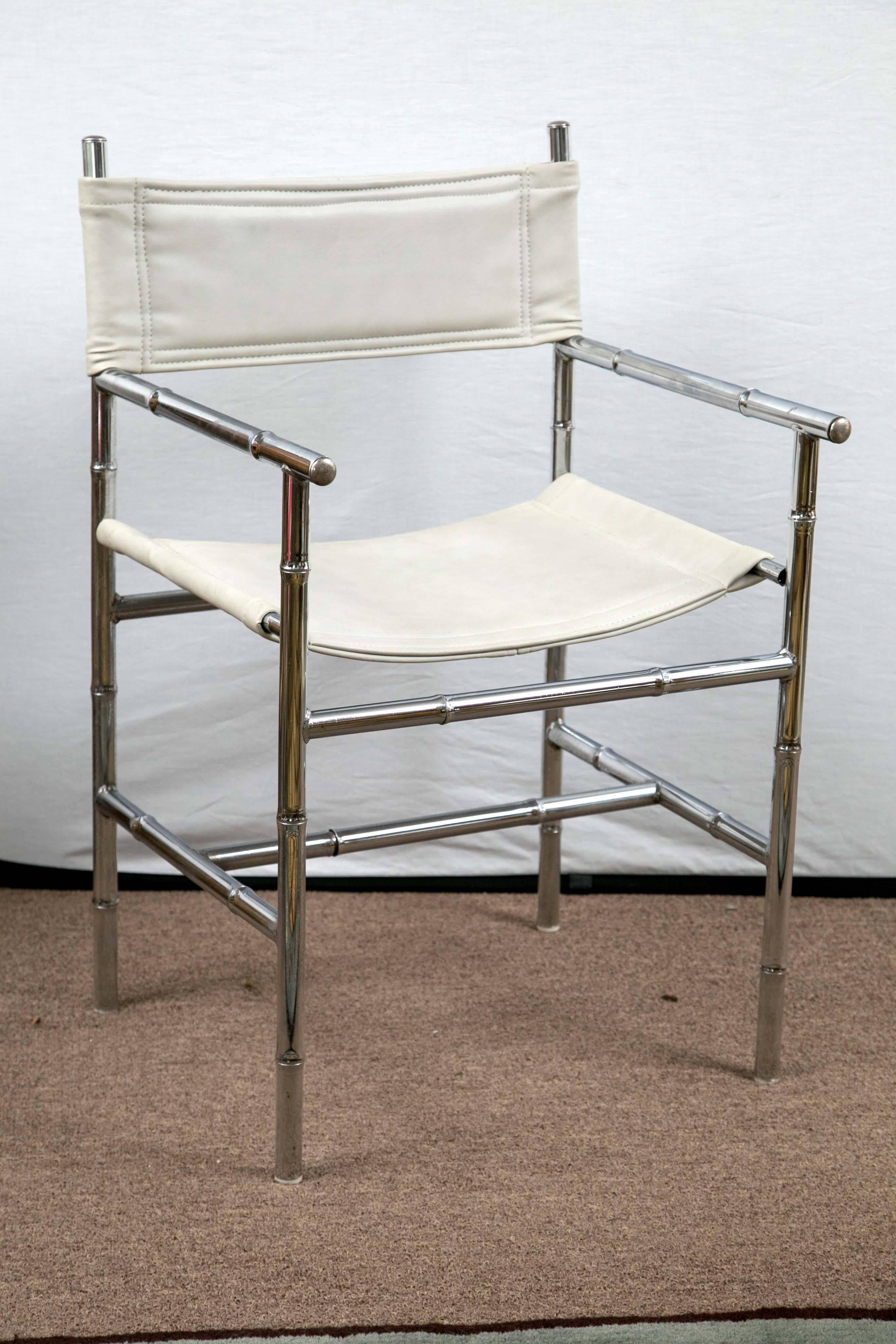 Mid-Century Modern Set of Four Milo Baughman Style Vintage Chrome Bamboo Director's Chairs