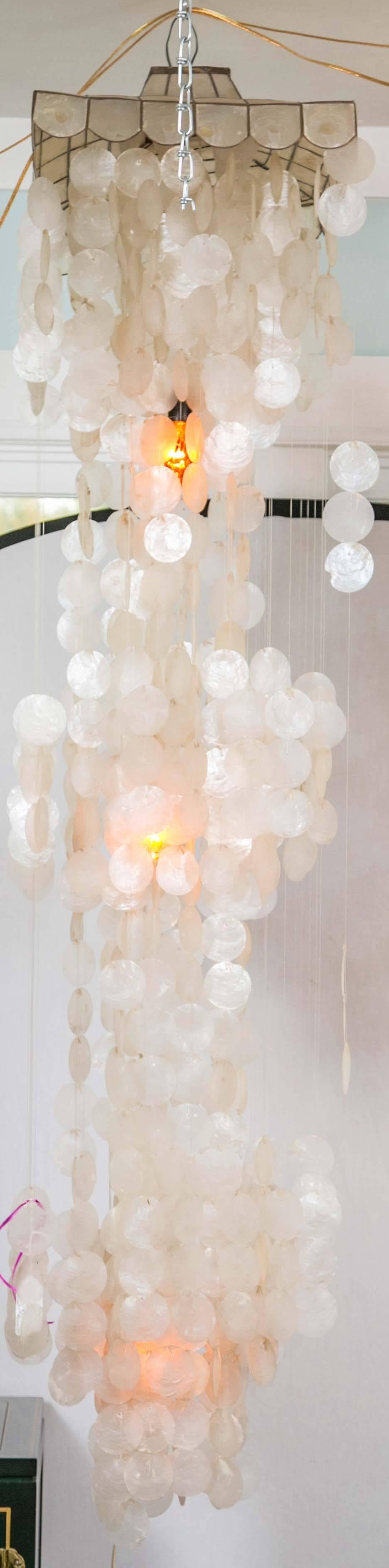 Fantastic pagoda canopy capiz shell and amber light chime chandelier, rare length. Directly from Thailand - brought to America from a United States Air force 