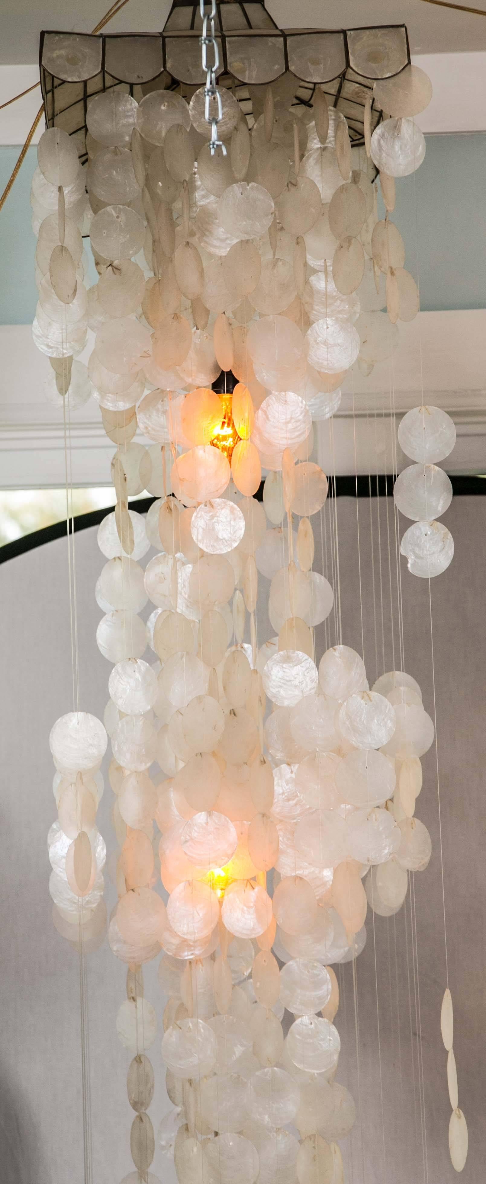 Organic Modern Fantastic Pagoda Canopy Capiz Shell and Amber Light Chime Chandelier